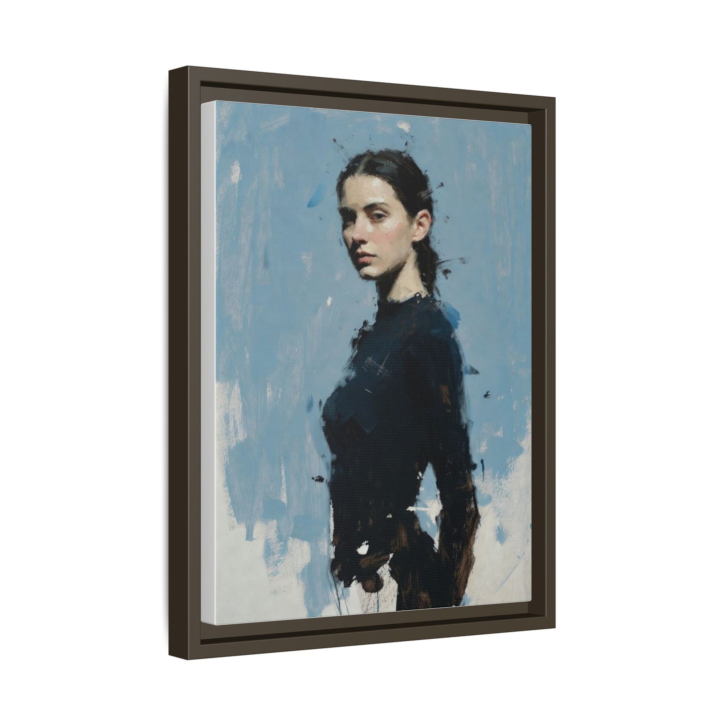 Framed Matte Canvas Portrait Print — Elegant Blue Woman Art