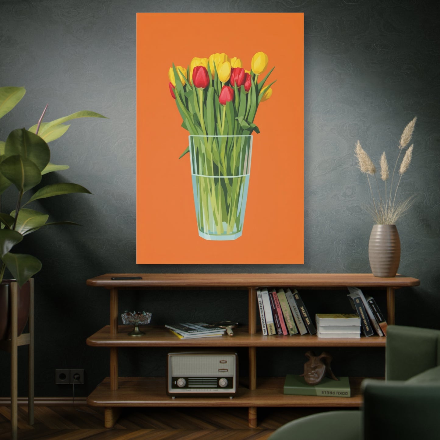 Tulip Bouquet Canvas Wall Art – Glass Vase on Orange