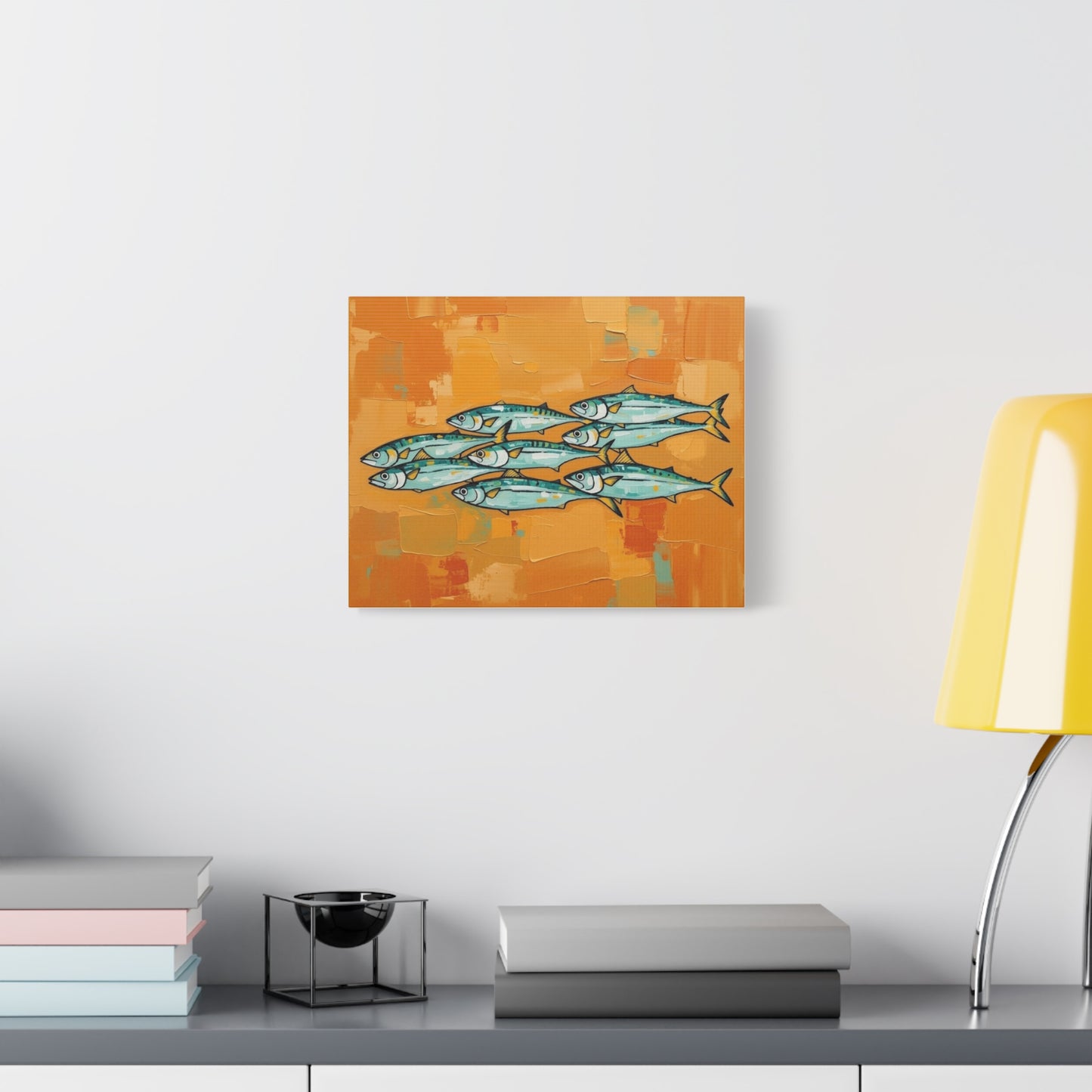 School of Mackerel Canvas Wall Art — Nautical Fish Painting on Orange Background