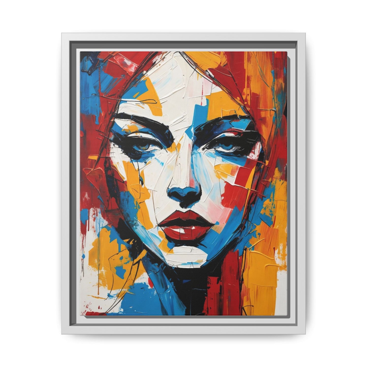 Framed Abstract Portrait Canvas — Colorful Female Face Wall Art