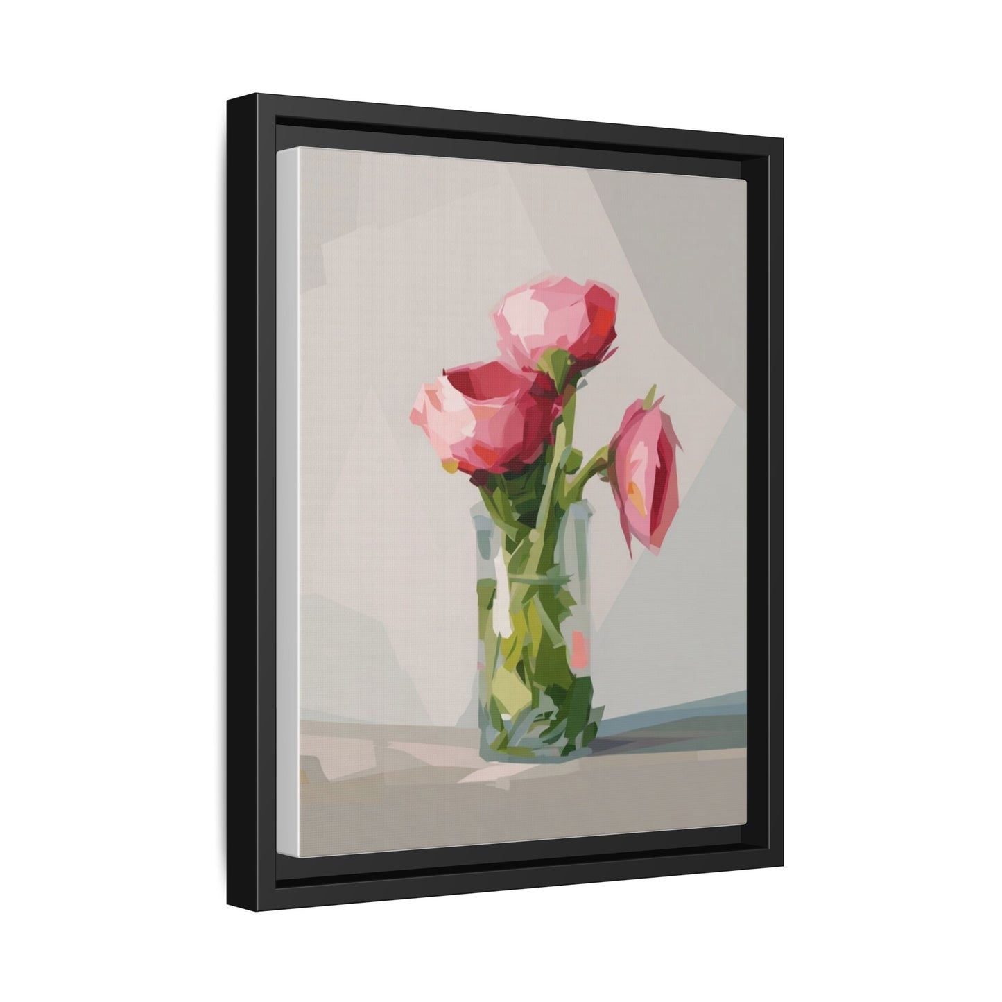 Framed Canvas Art — Pink Roses in Vase, Modern Floral Wall Print