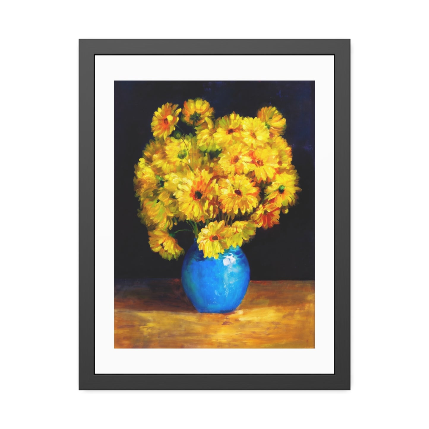 Framed Art Print — Yellow Daisy Bouquet in Blue Vase