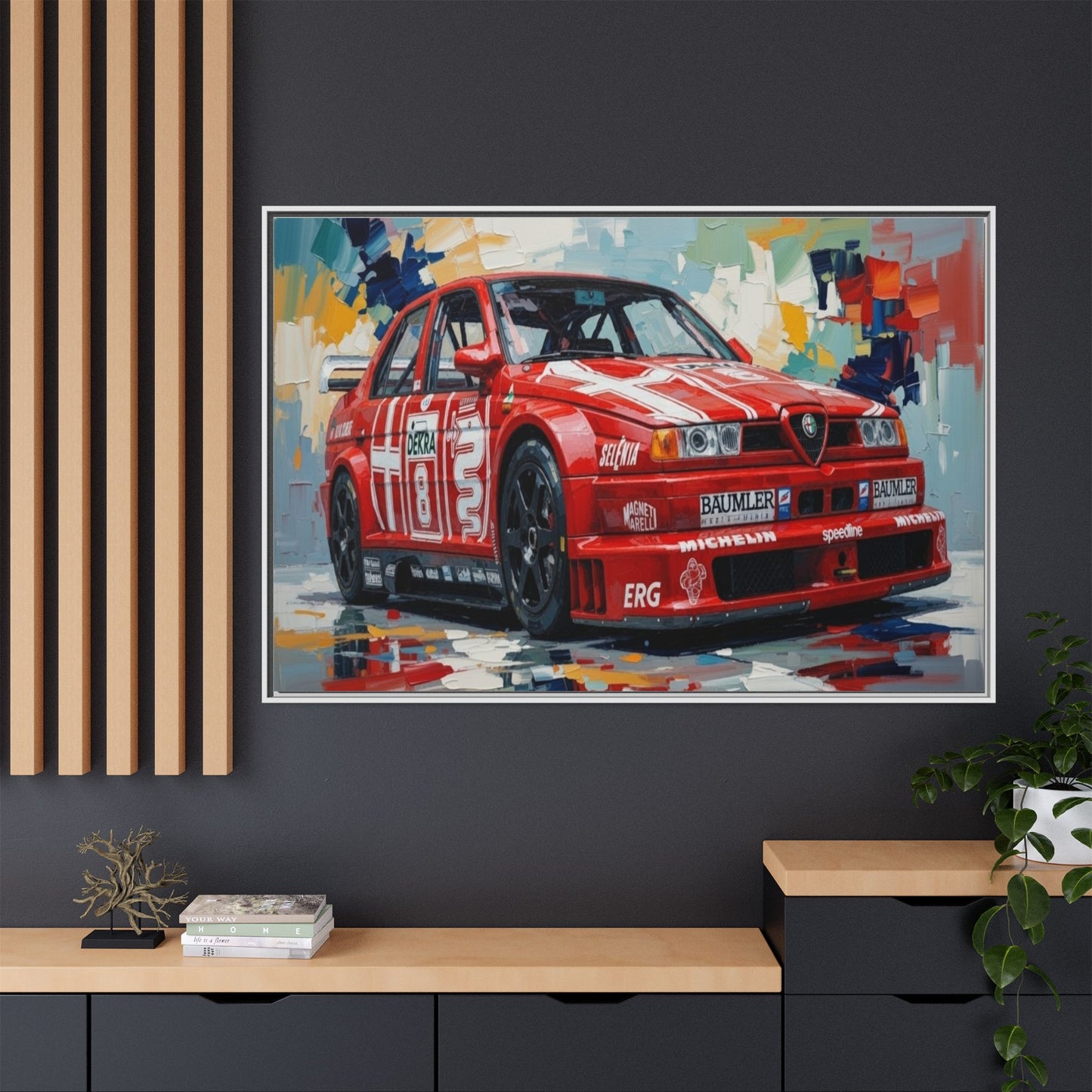 Framed Racing Car Canvas Print — Red Alfa Romeo Track Art