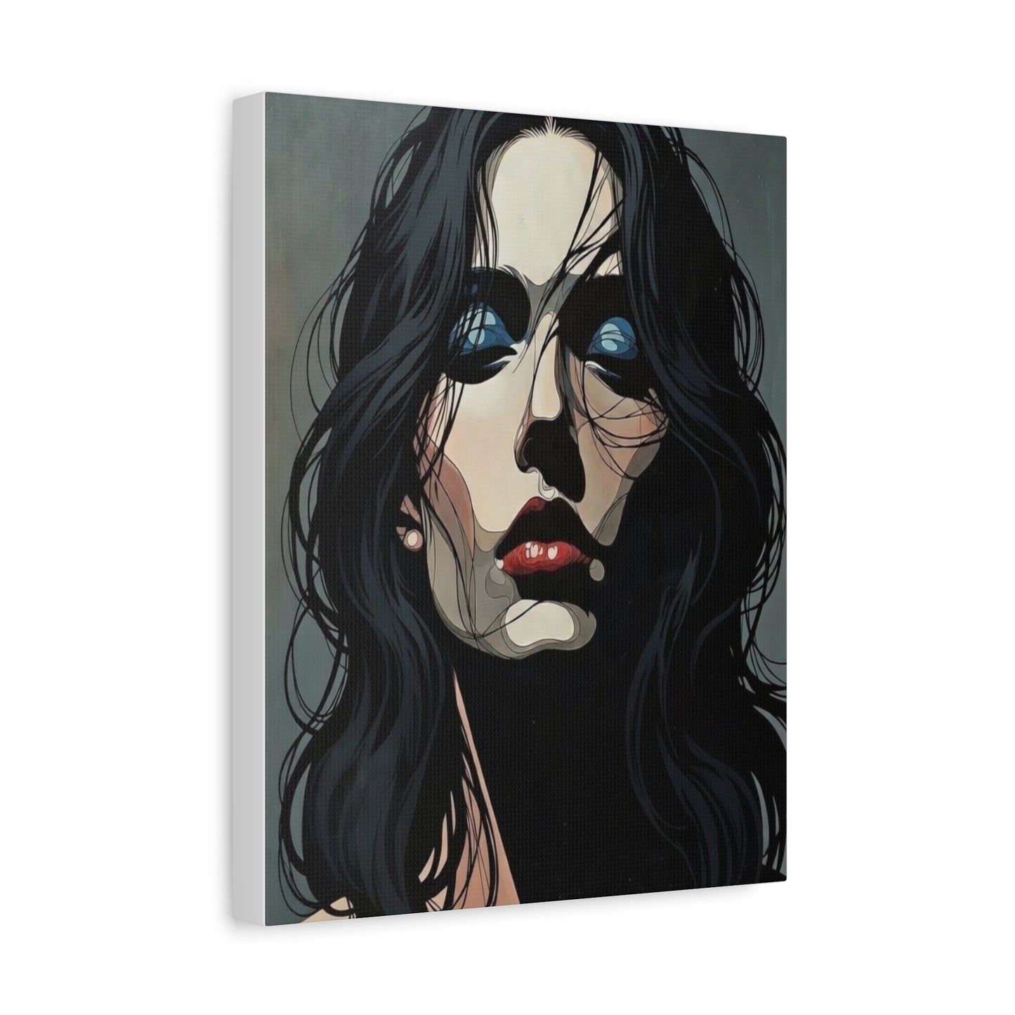 Dark Glam Portrait Canvas Art — Moody Woman Face Matte Stretched Wall Decor