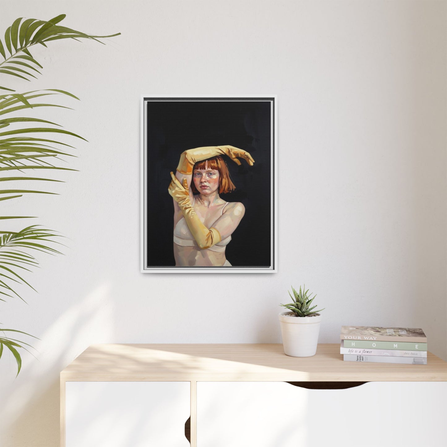 Framed Matte Canvas Art – Portrait of Woman in Yellow Gloves