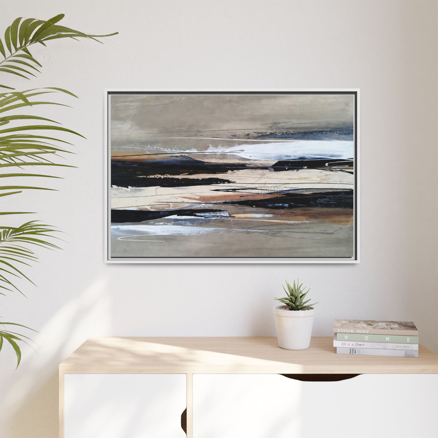 Abstract Seascape Matte Canvas Framed Wall Art — Neutral Coastal Landscape
