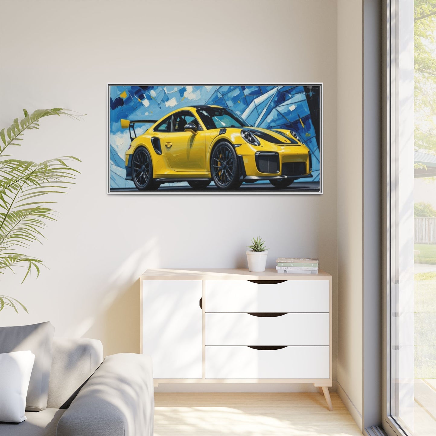 Yellow Porsche Sports Car Matte Framed Canvas – Modern Automotive Wall Art