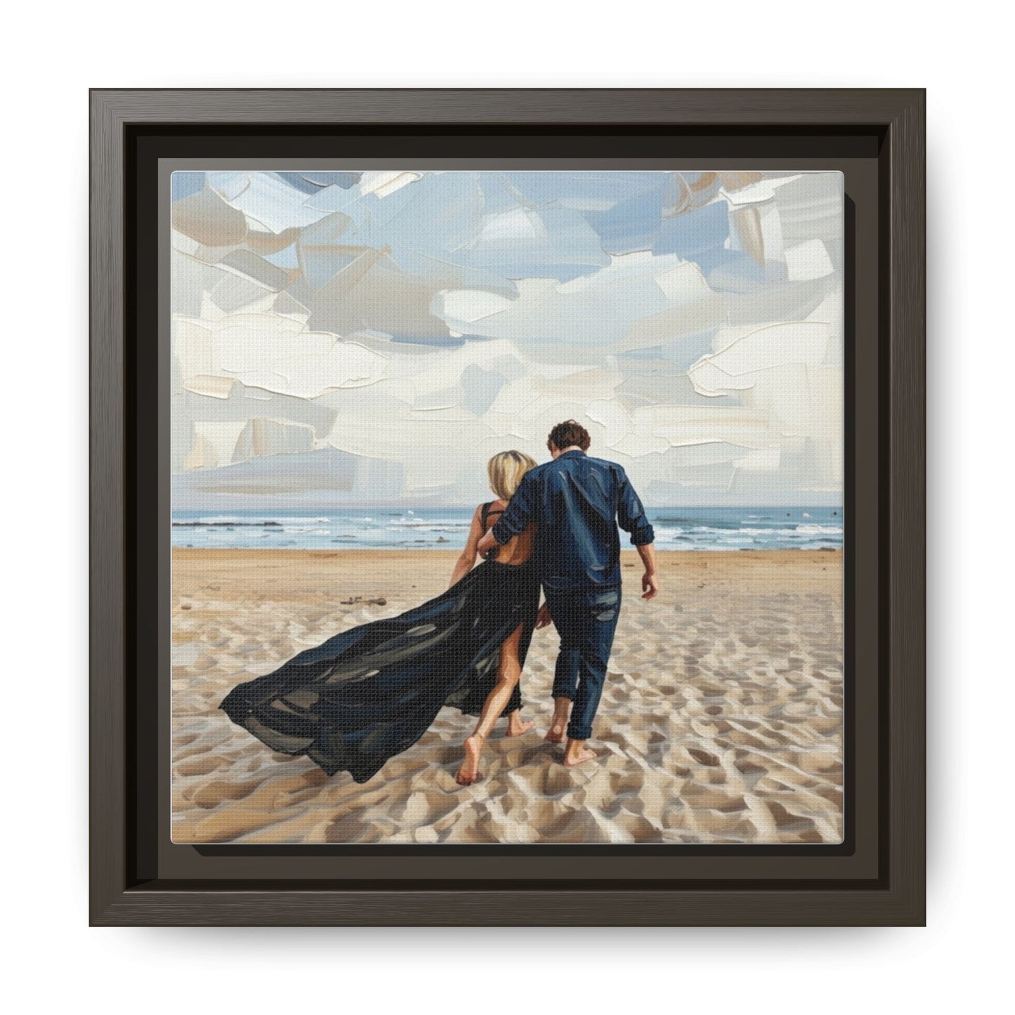 Framed Canvas Wall Art — Romantic Couple Walking on Beach Print