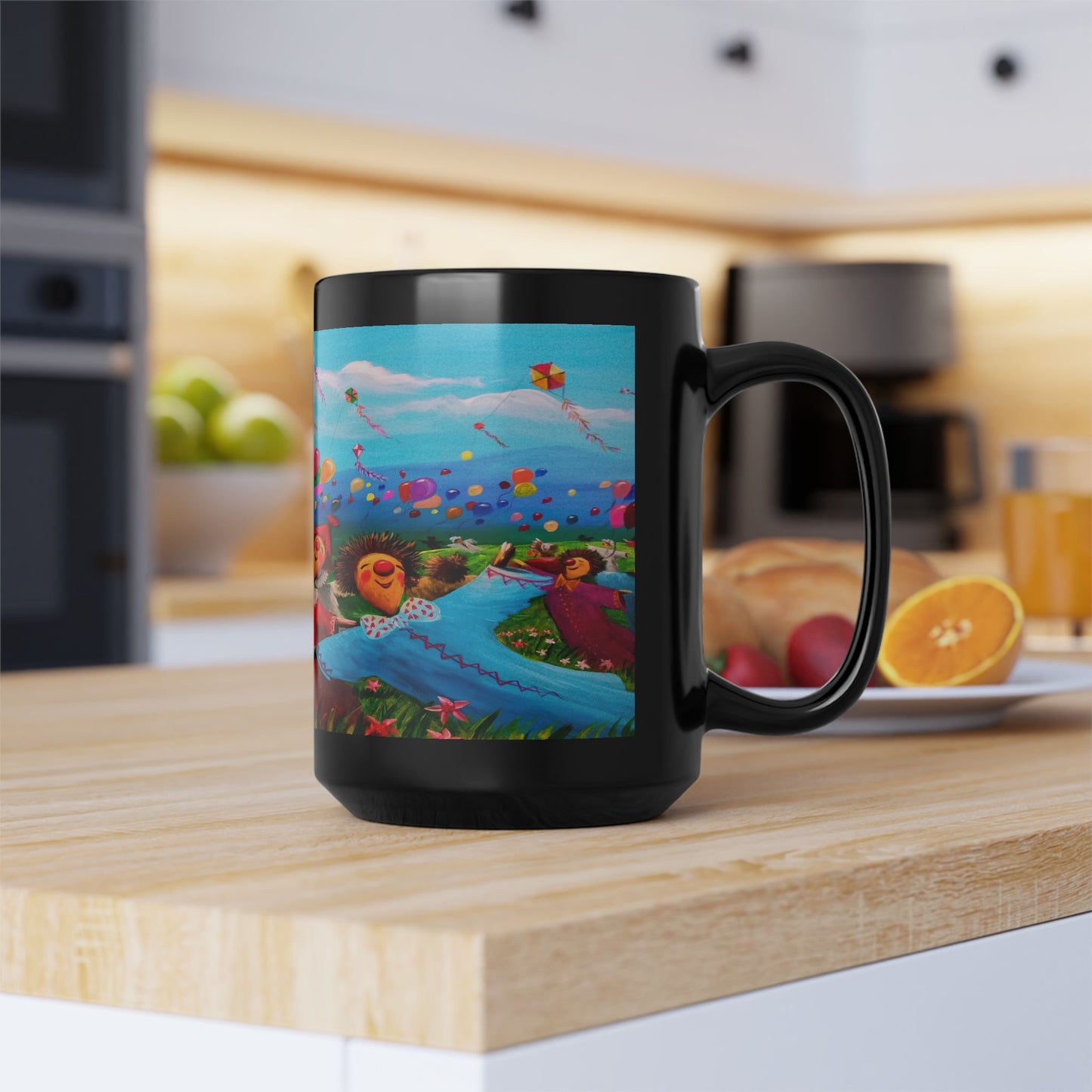 Black Ceramic Mug — Whimsical Kite Festival Art (11oz & 15oz)
