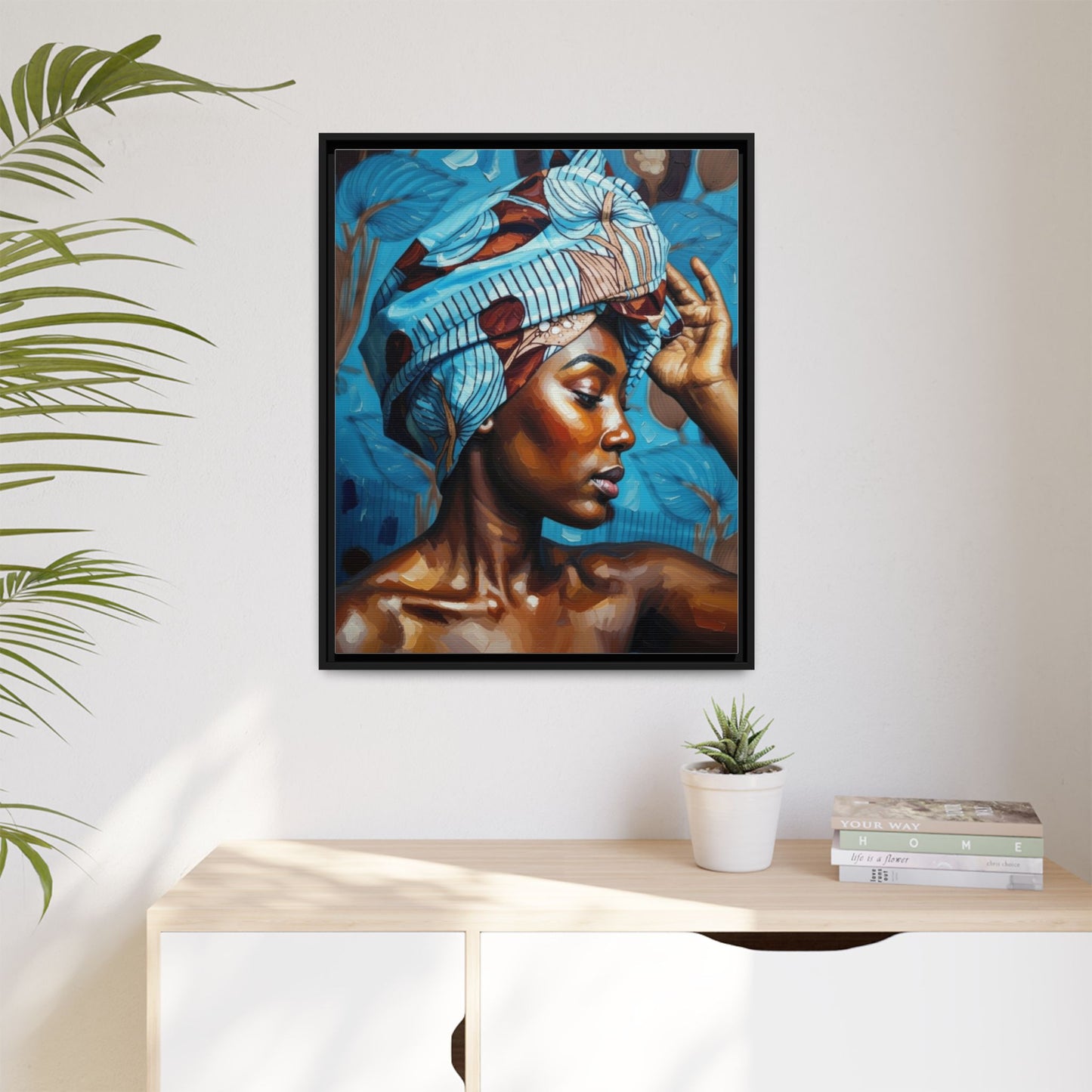 Framed Canvas Art — Portrait of Woman in Blue Headwrap