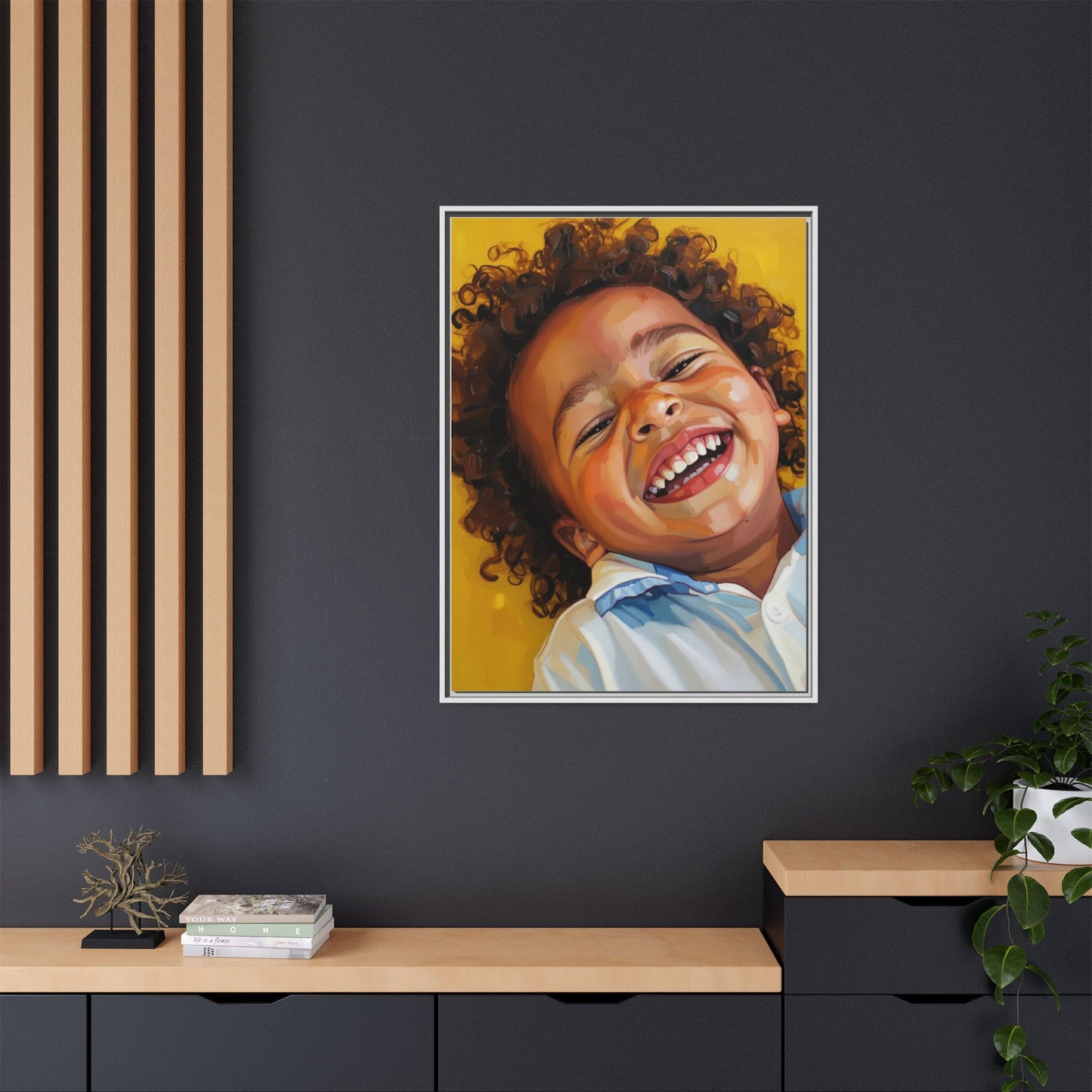 Framed Matte Canvas Print – Joyful Child Portrait, Colorful Nursery Wall Art