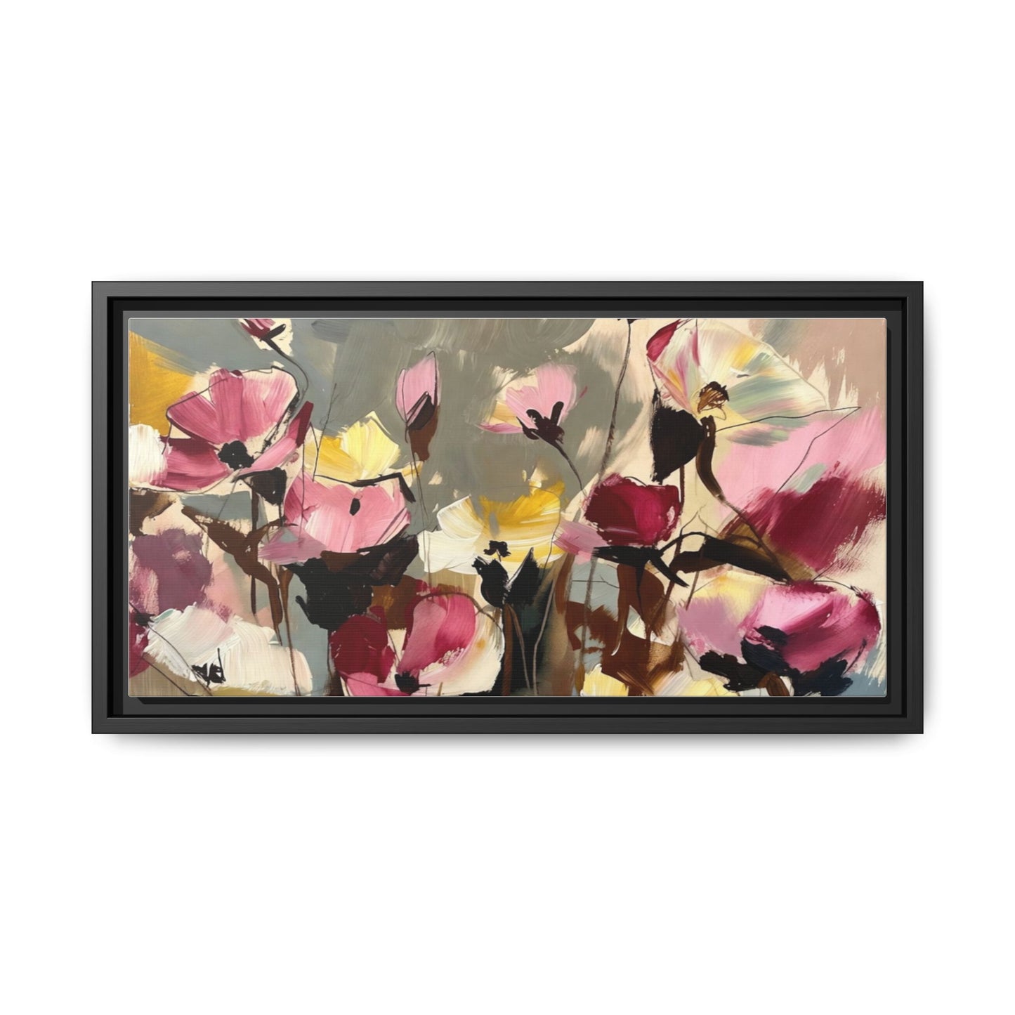 Framed Floral Canvas Wall Art — Abstract Pink & Yellow Flowers