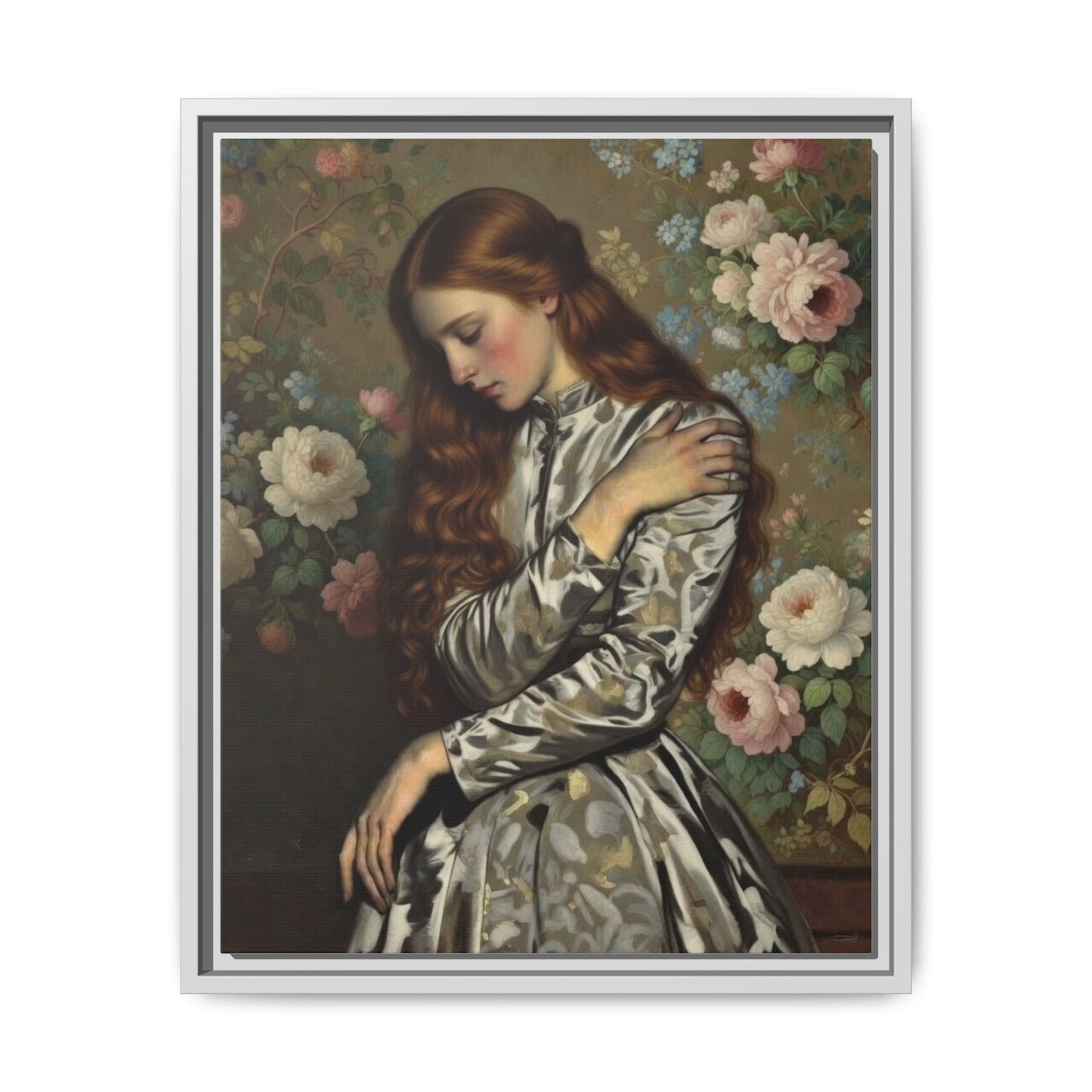 Framed Matte Canvas Art — Vintage Floral Portrait of a Young Woman