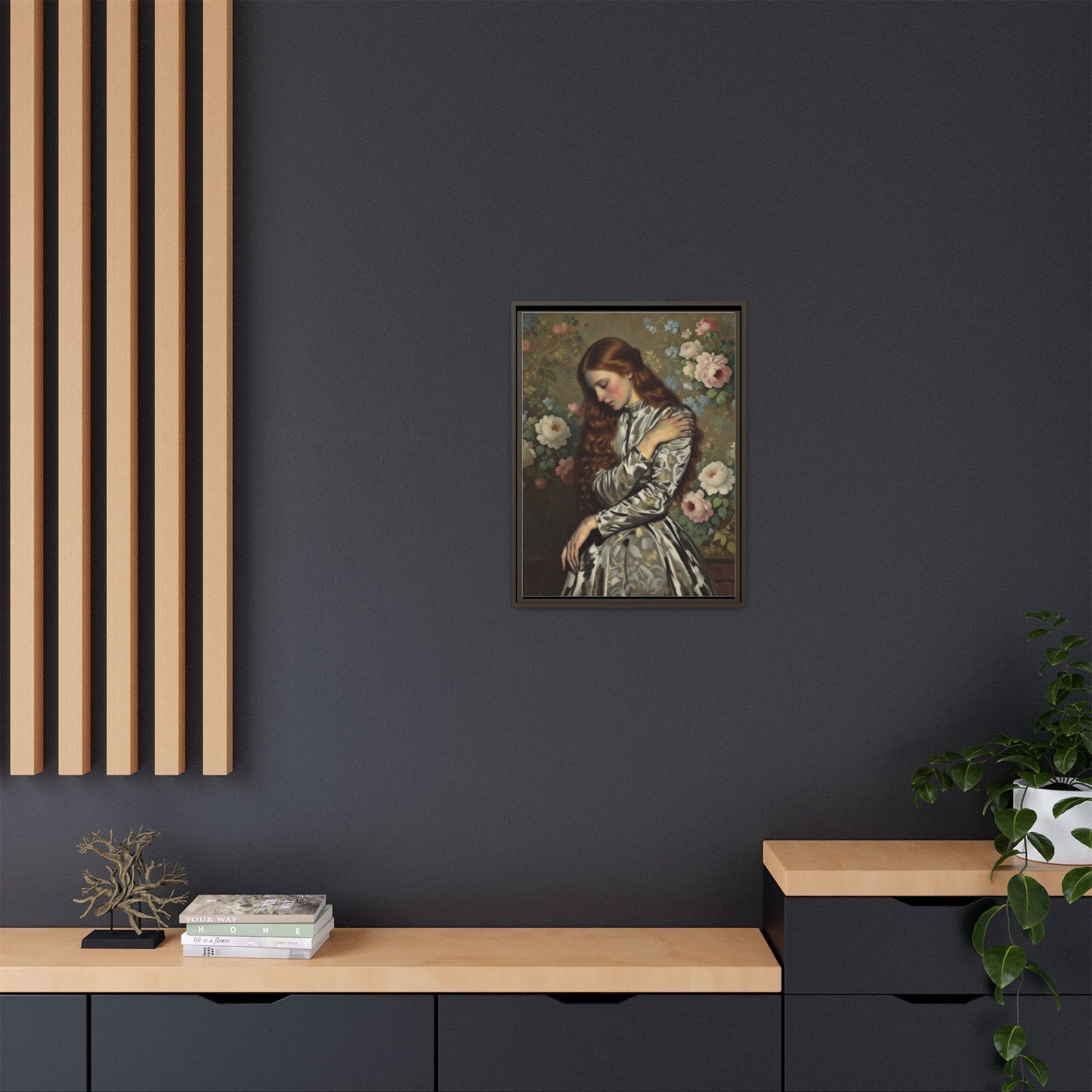 Framed Matte Canvas Art — Vintage Floral Portrait of a Young Woman