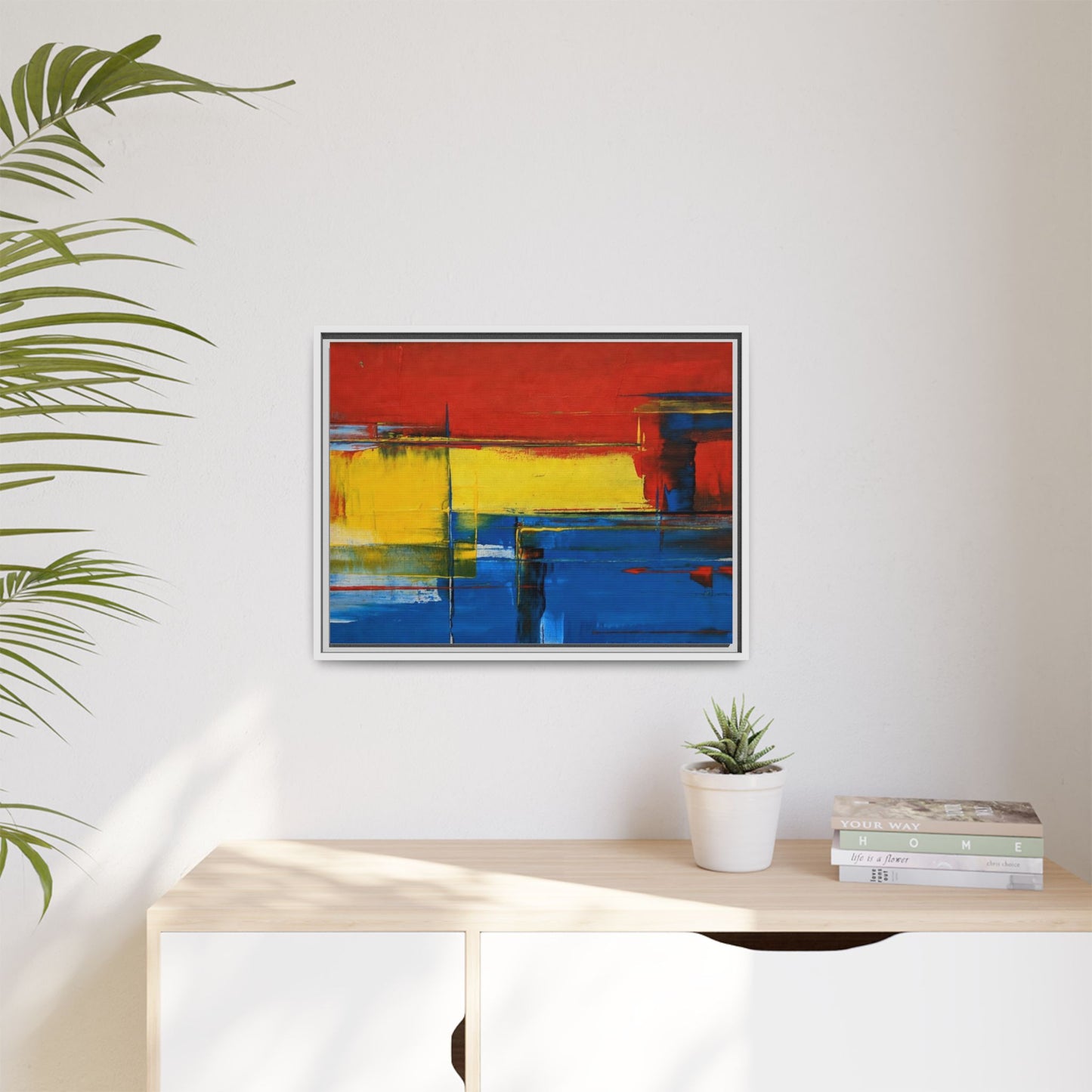 Abstract Color Block Matte Canvas Framed Wall Art — Modern Red Yellow Blue Painting
