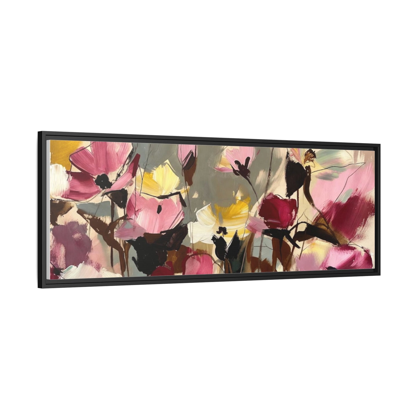 Framed Floral Canvas Wall Art — Abstract Pink & Yellow Flowers