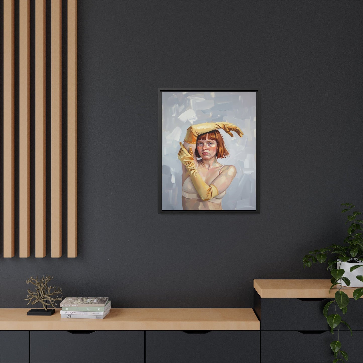 Contemporary Portrait Canvas Print — Woman with Yellow Gloves (Framed Matte)
