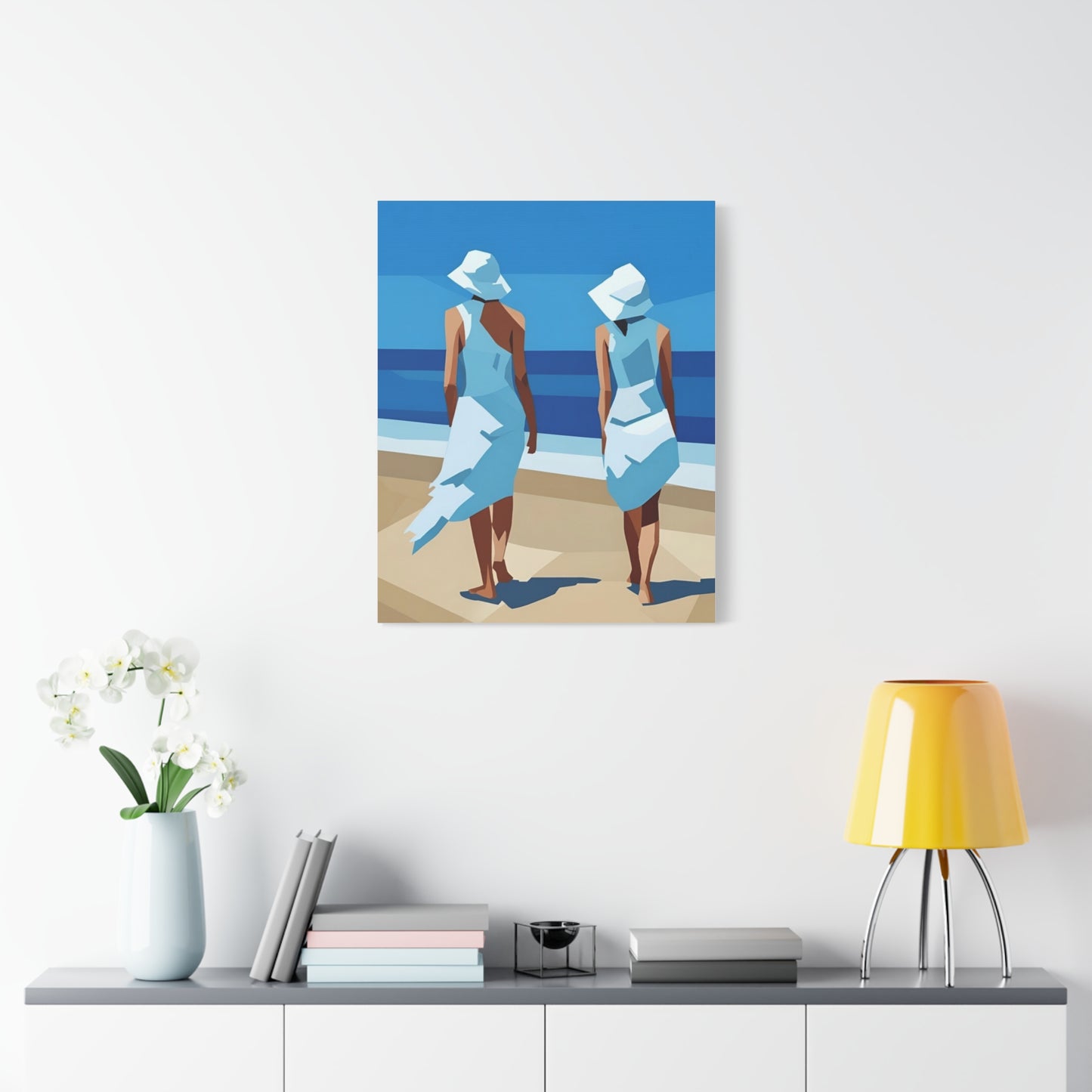Beach Stroll Canvas Print — Two Women in Blue Sun Hats Matte Stretched