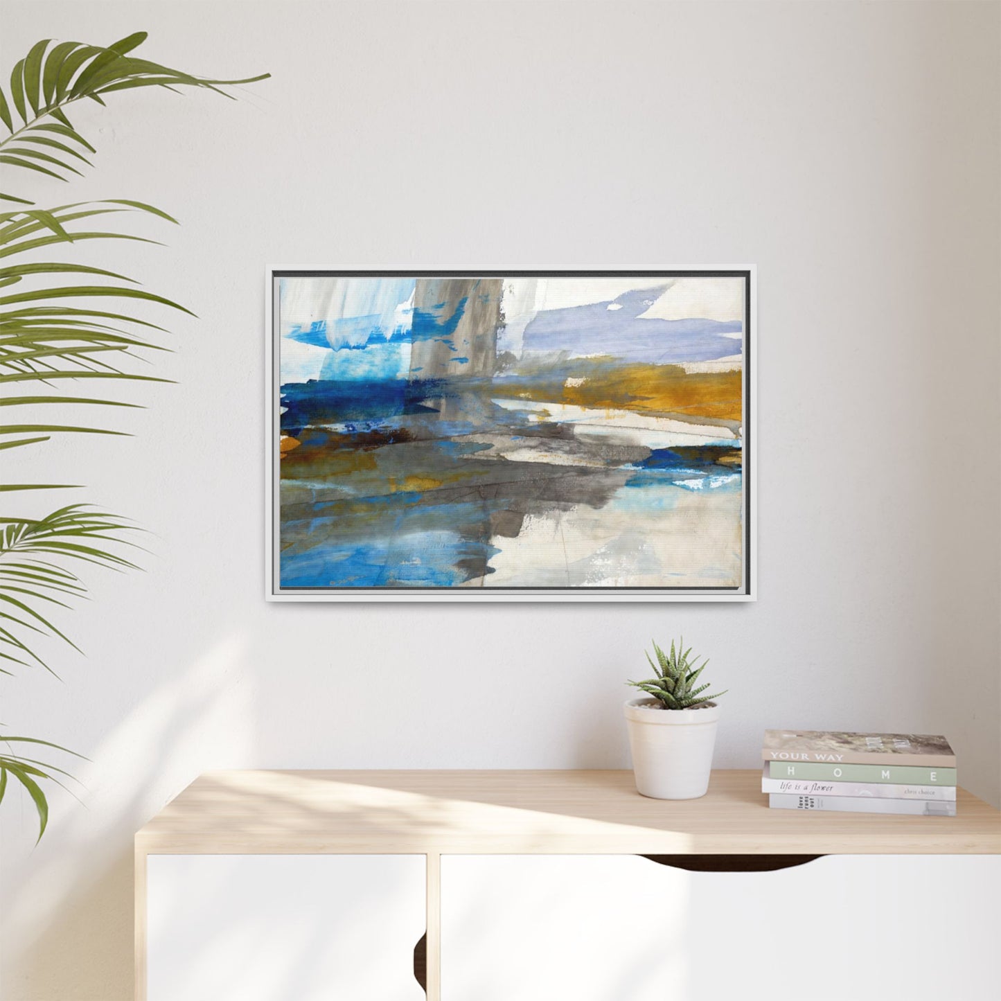 Abstract Blue & Gold Framed Canvas Art — Matte Multi-Color Wall Print