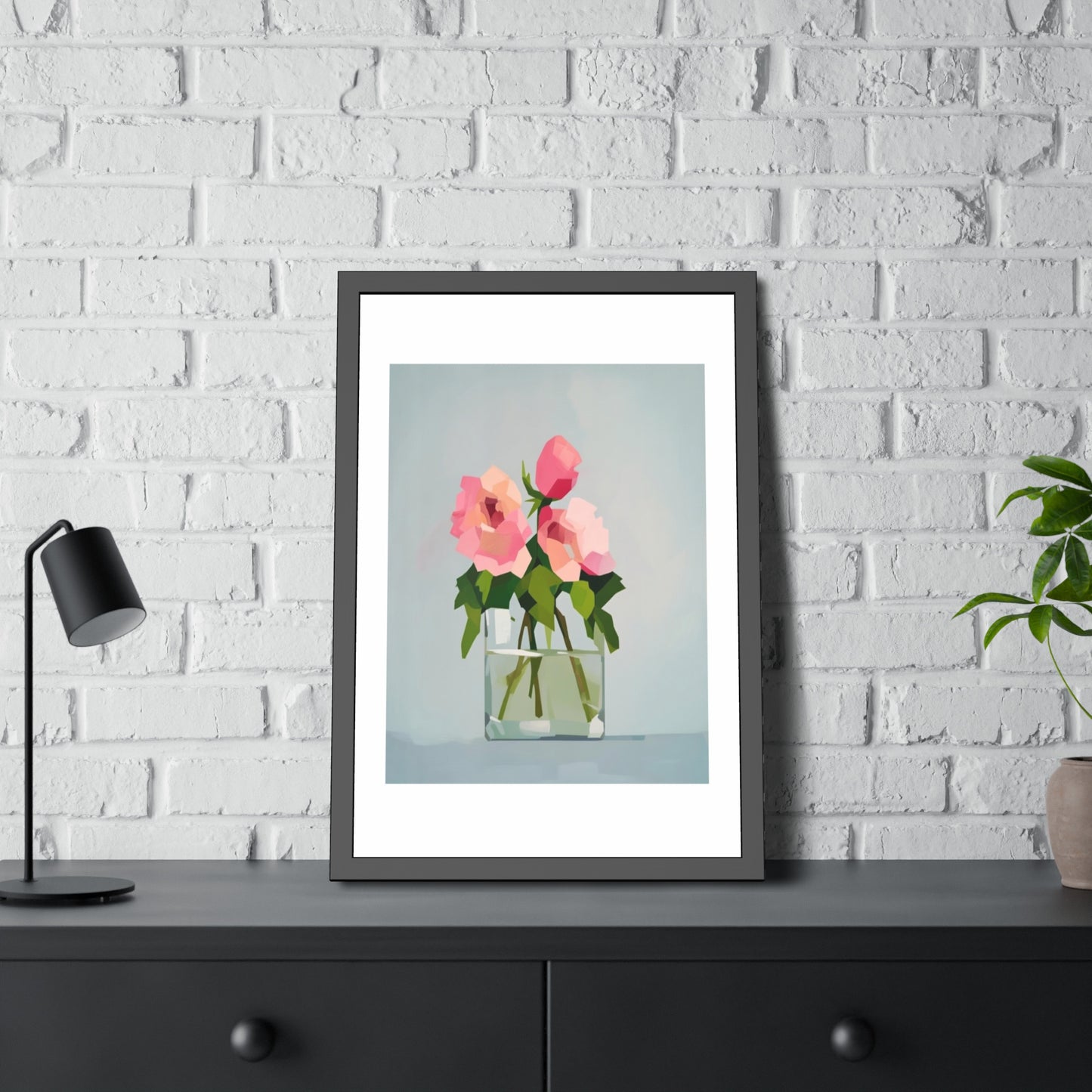 Framed Floral Poster — Pink Rose Vase Wall Art