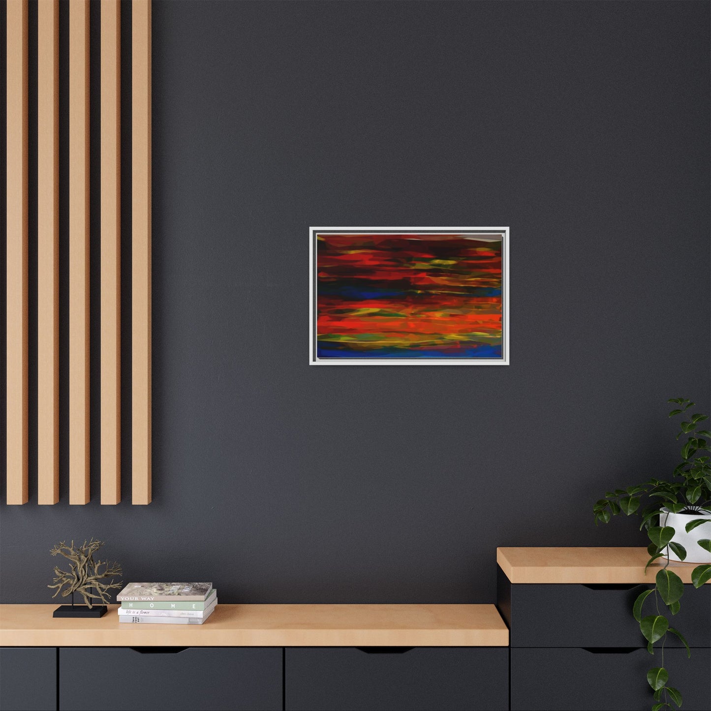 Abstract Multi-Color Matte Canvas Framed Wall Art — Bold Red & Blue Modern Painting
