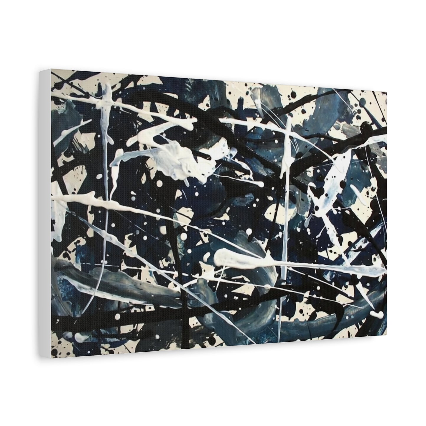 Abstract Drip Painting Canvas Print — Blue & Black Modern Wall Art (Matte Stretched)