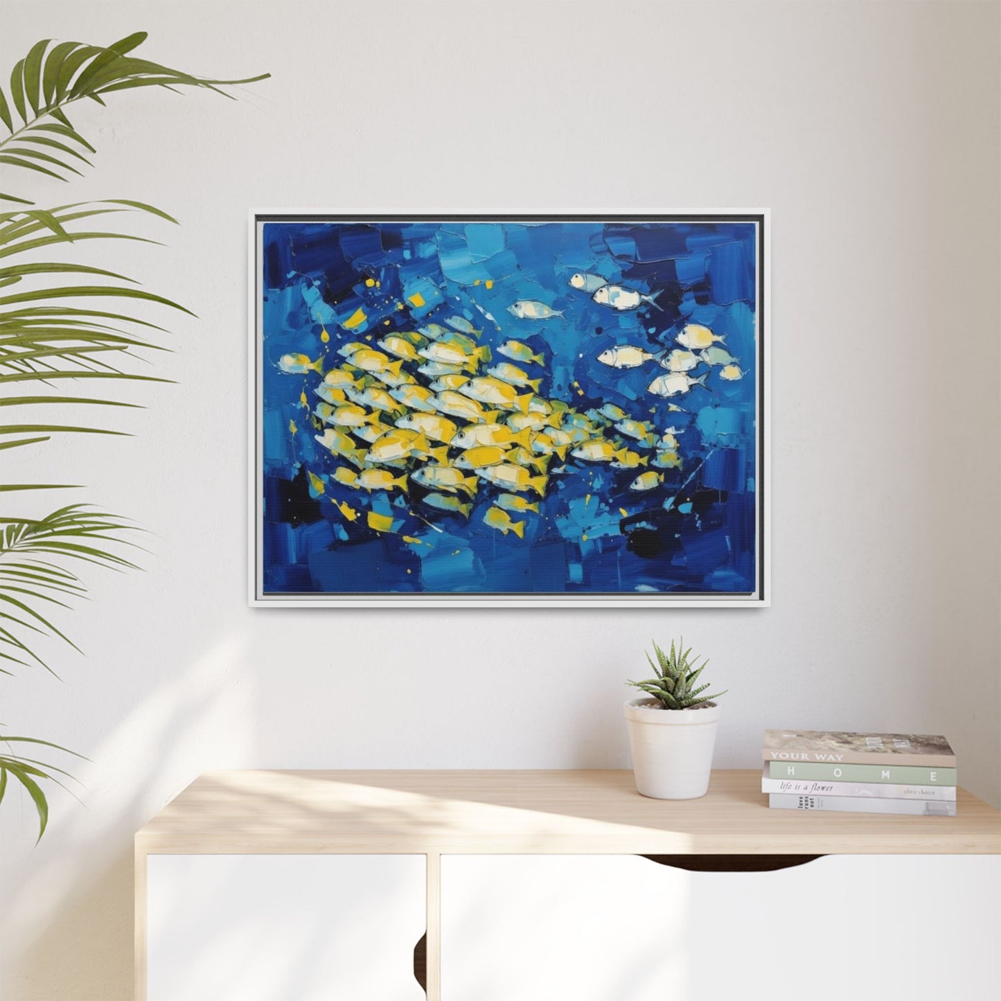 Framed Matte Canvas: Blue School of Fish Wall Art