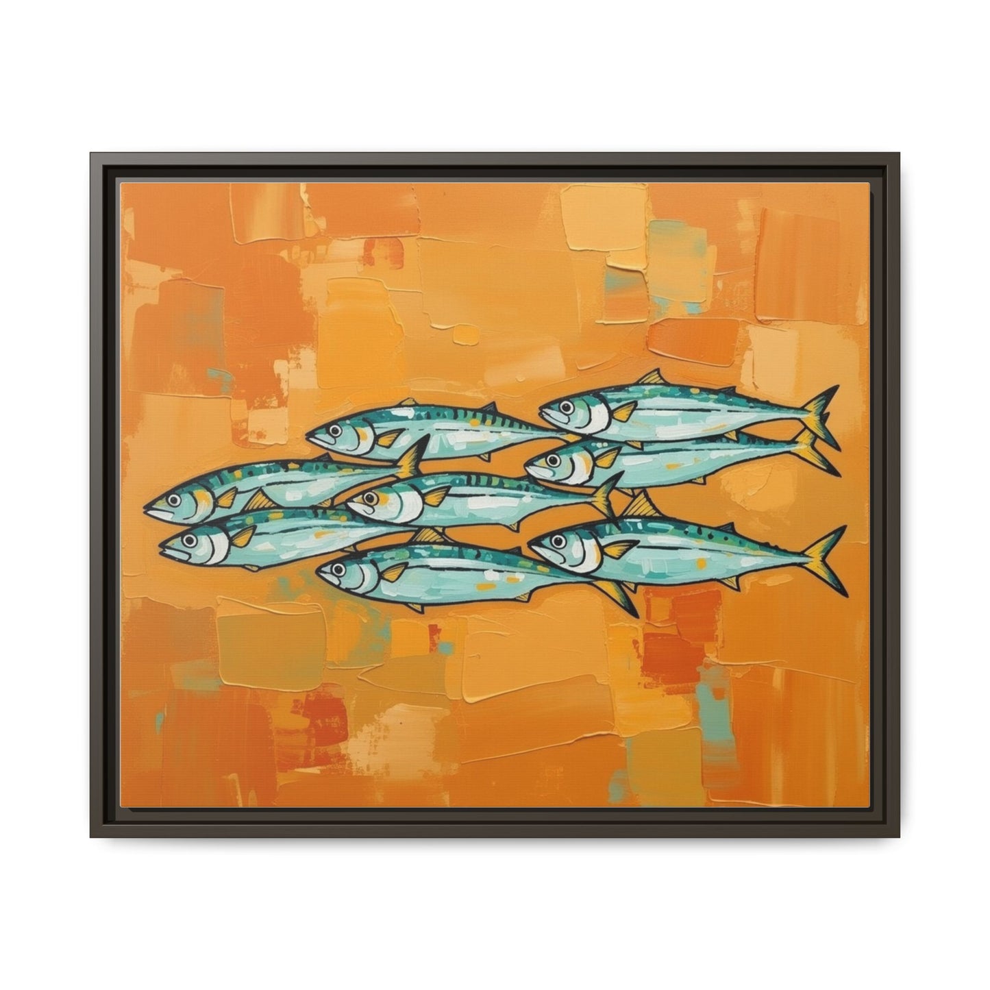 Framed Matte Canvas Print — School of Blue Fish on Orange Abstract Background