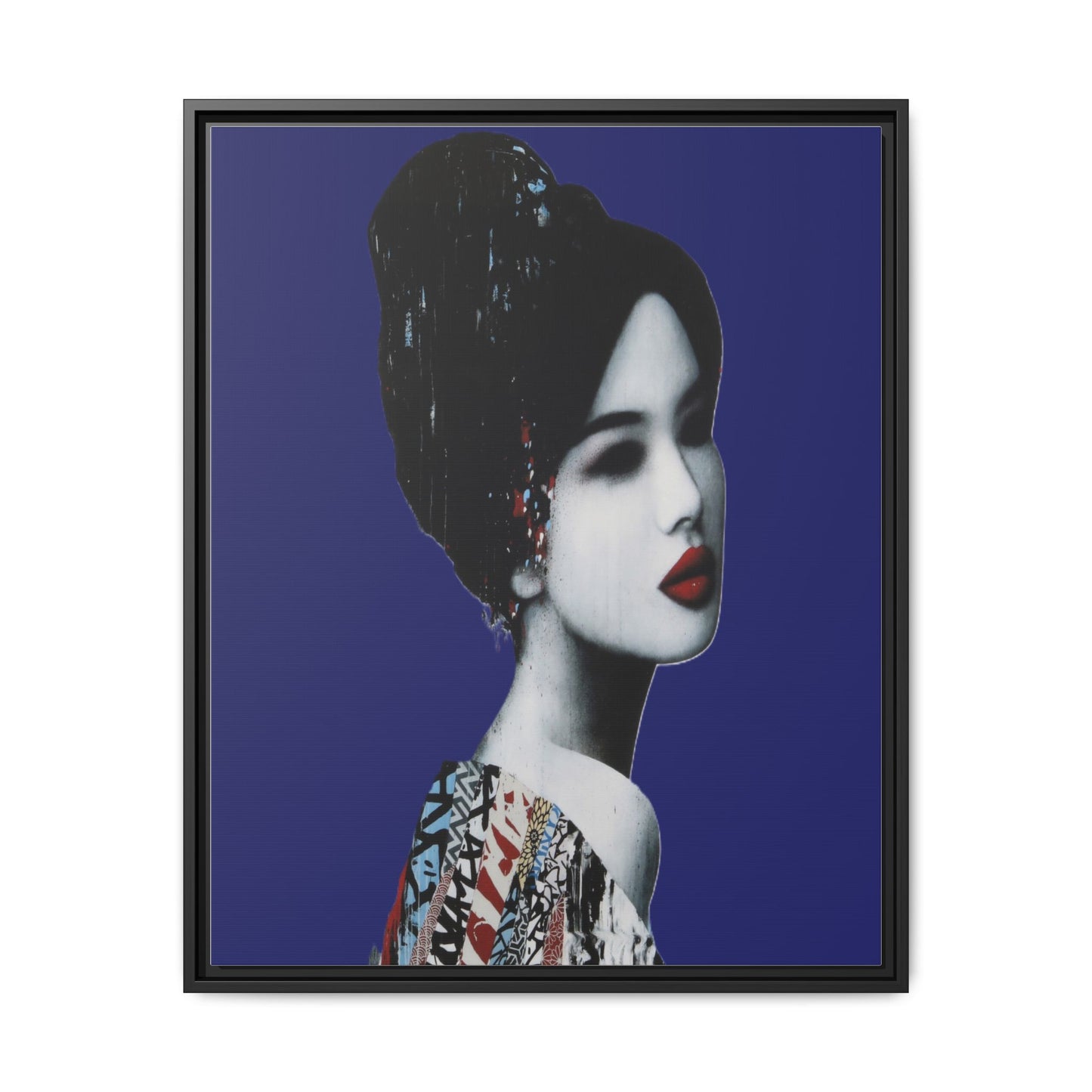 Framed Matte Canvas Art — Elegant Geisha Portrait on Deep Blue