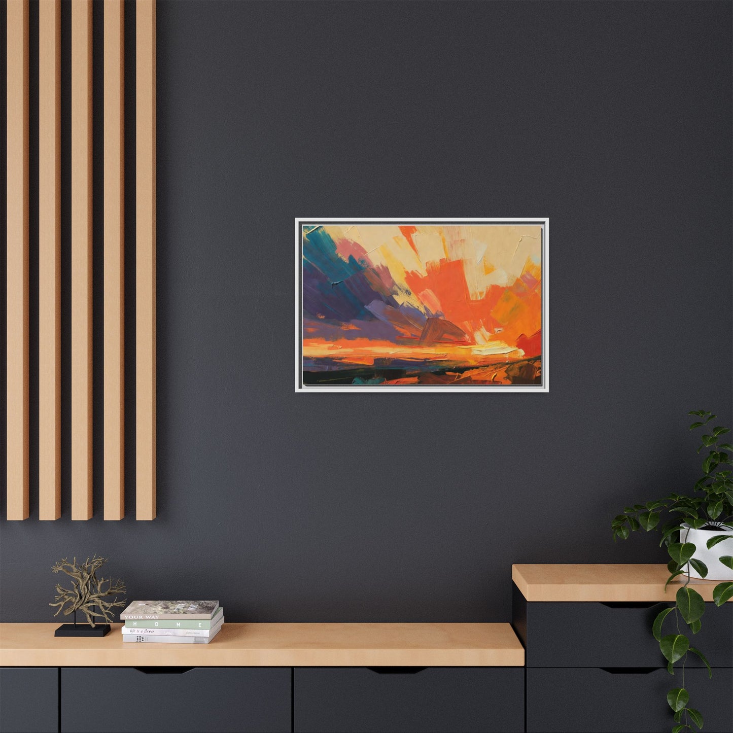 Framed Abstract Sunset Canvas Art – Multicolor Matte Wall Decor