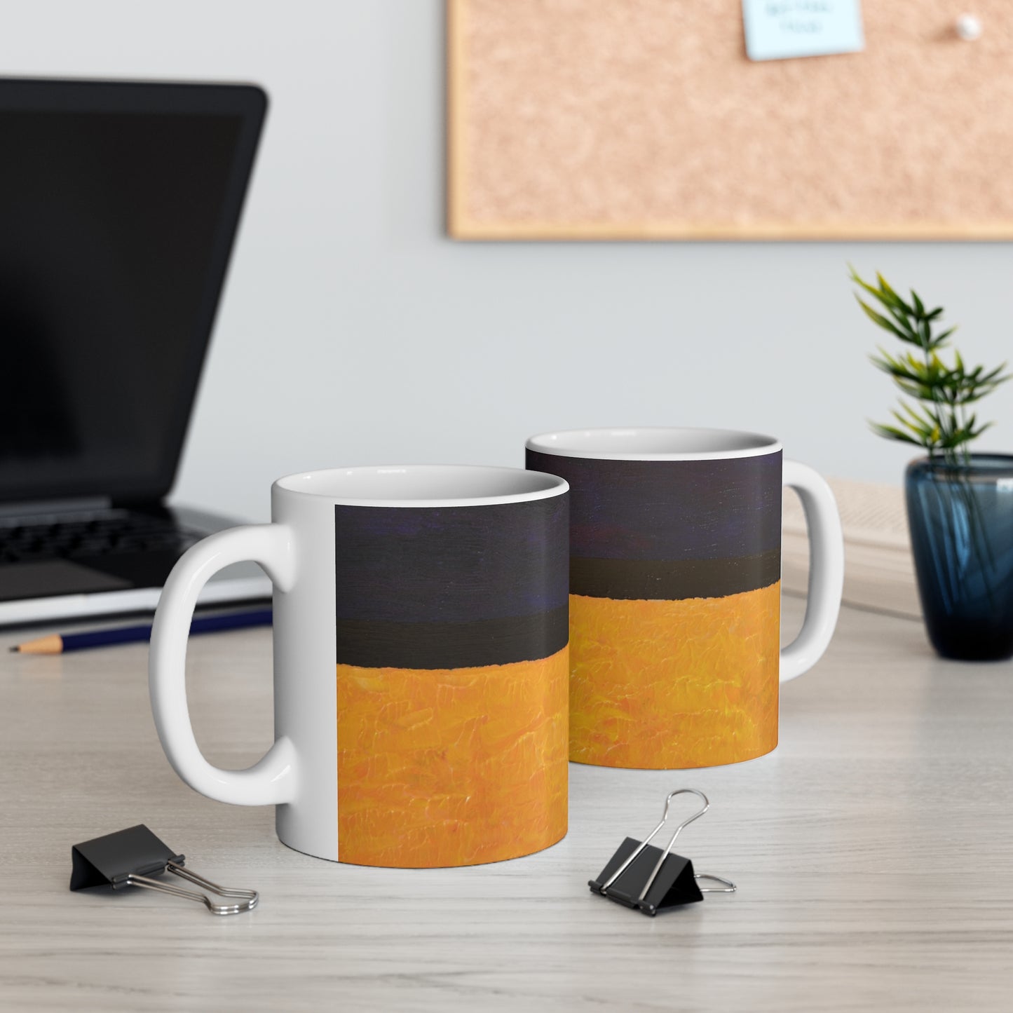 Abstract Sunset Stripe Mug — Minimalist Orange & Navy Ceramic Coffee Cup