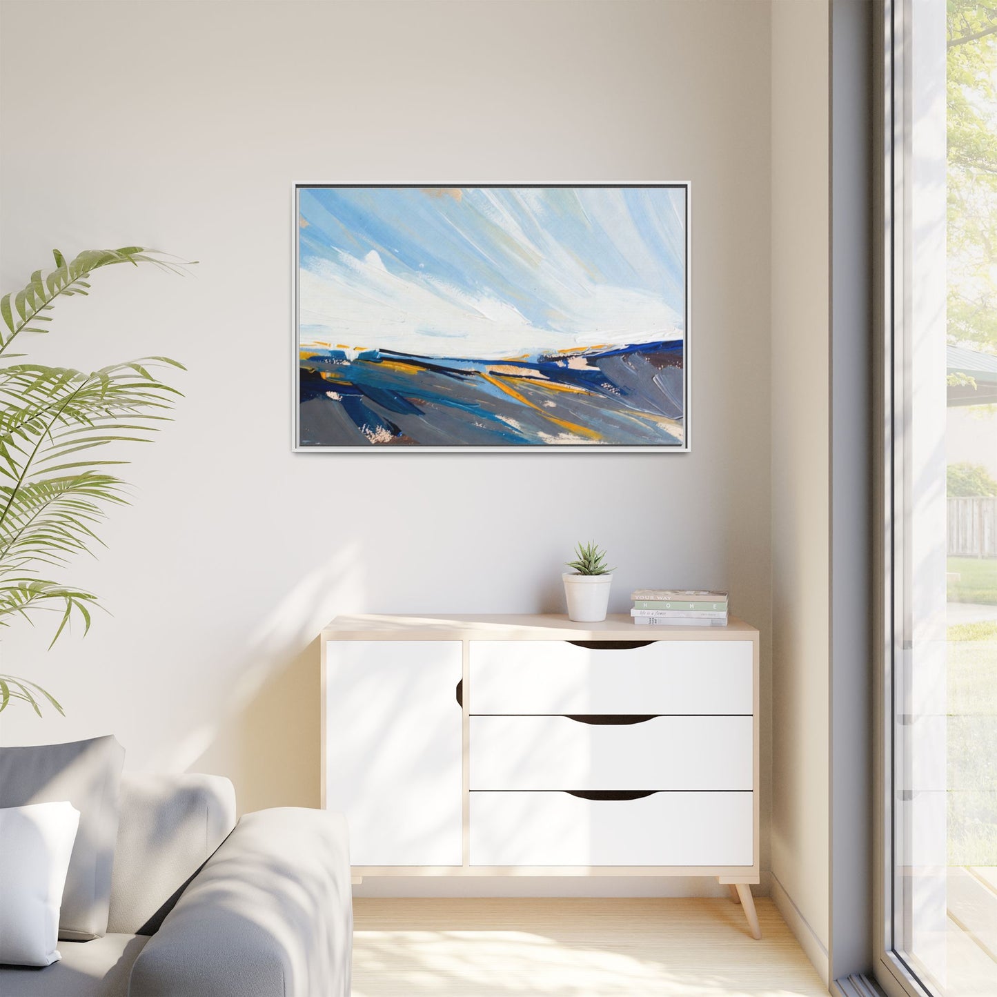 Framed Abstract Seascape Canvas Print — Matte Multi‑Color Wall Art