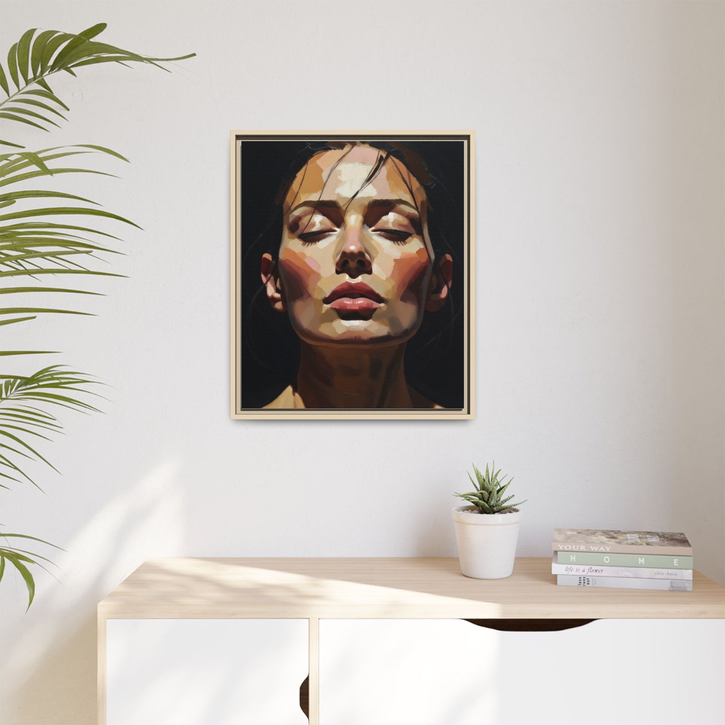 Framed Matte Canvas Portrait – Woman with Eyes Closed (Multi‑Color)