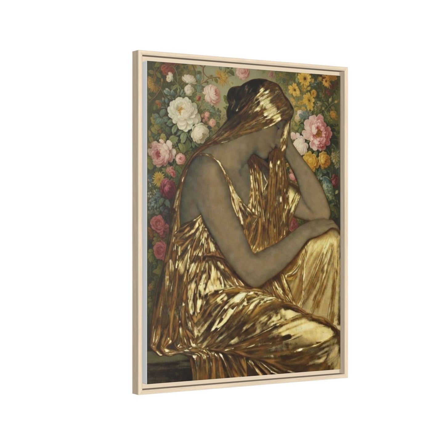 Framed Canvas Art Print — Golden Muse Woman with Floral Background