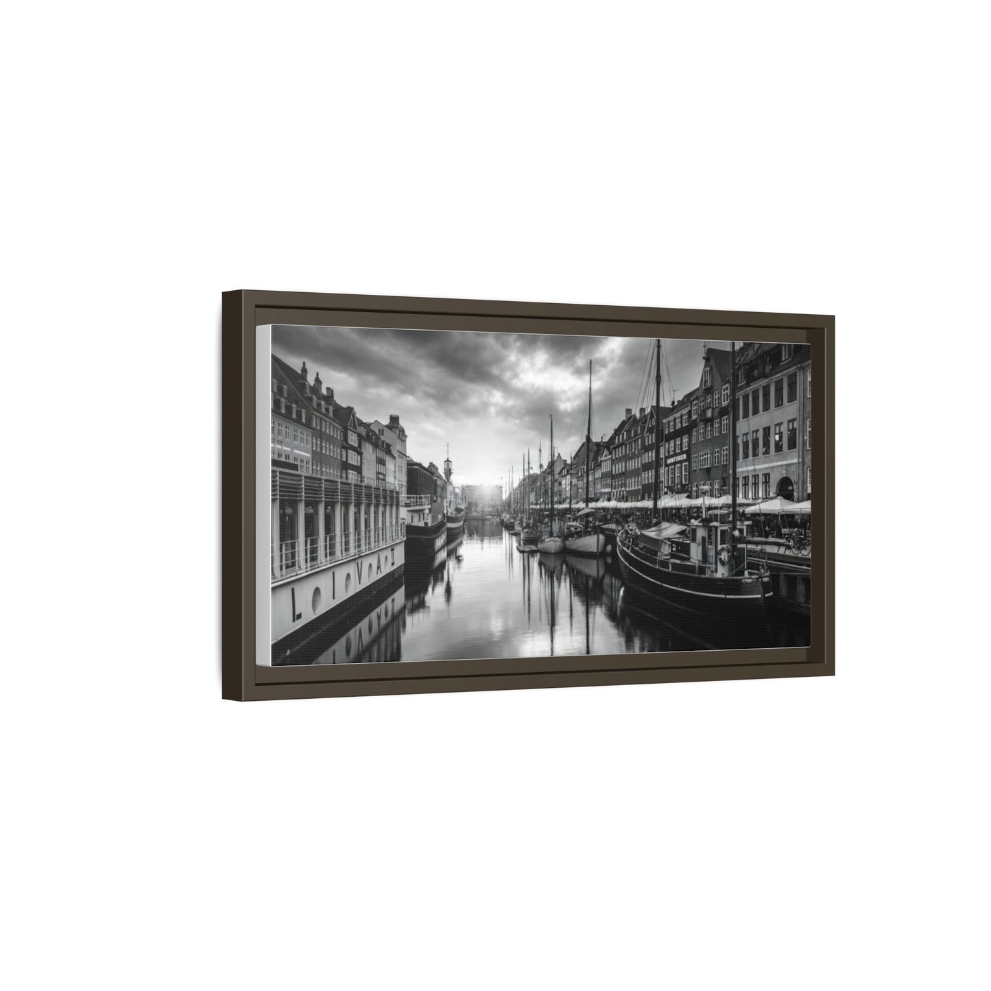 Framed Matte Canvas: Black & White Dutch Canal Photography Wall Art