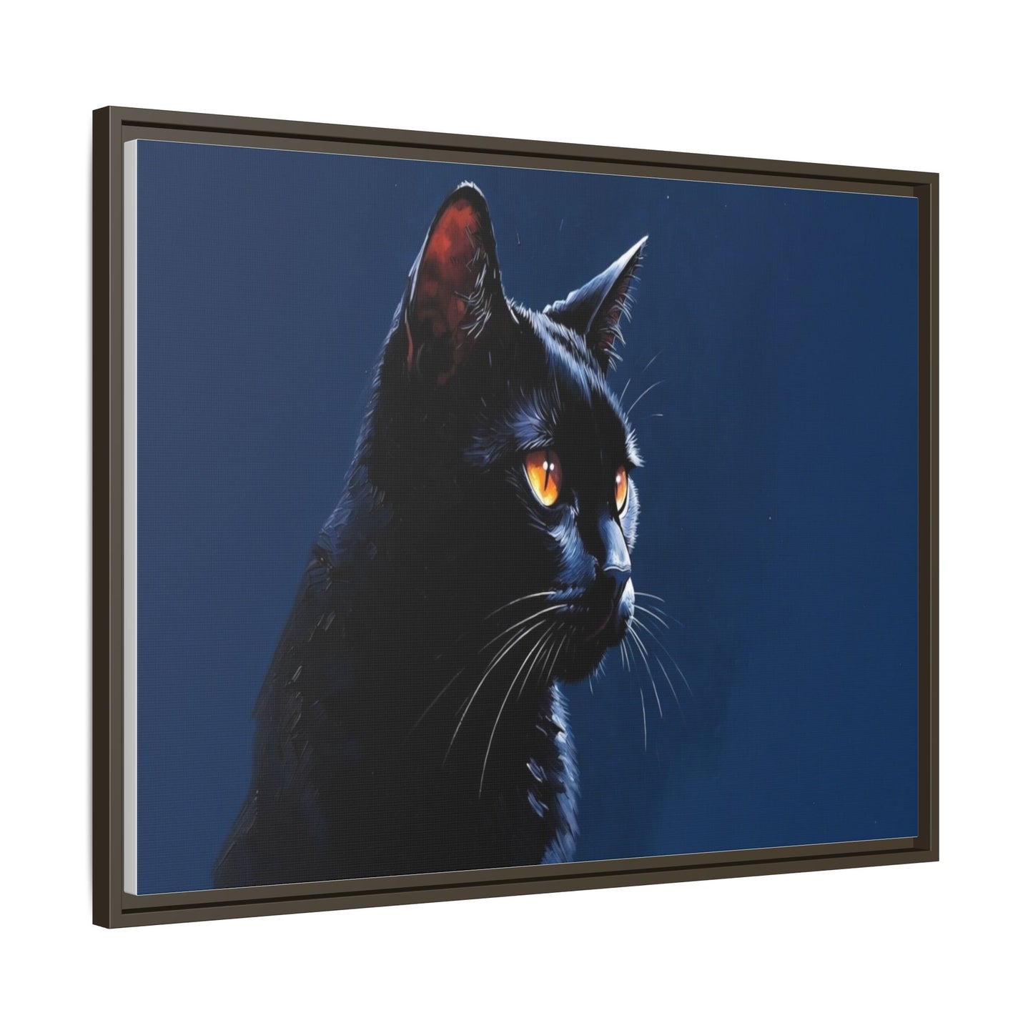 Black Cat Portrait Matte Canvas Framed Wall Art — Dramatic Feline Photo Print