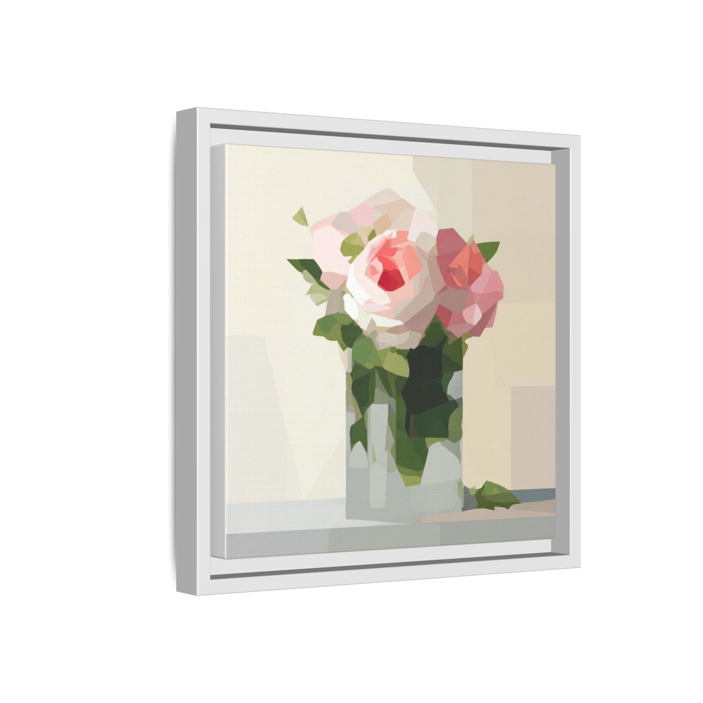 Framed Floral Canvas Print — Geometric Pink Rose Wall Art