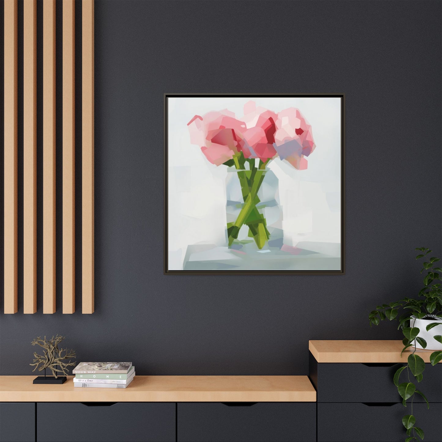 Framed Floral Canvas Art — Pink Peonies in Vase (Matte)