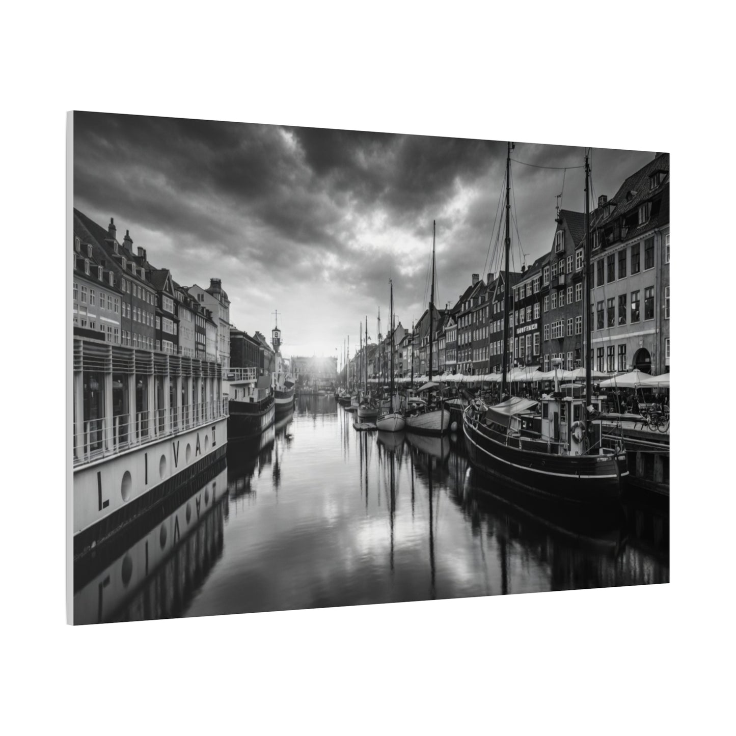 Black & White Harbor Canvas Print — Dramatic Copenhagen Cityscape Wall Art