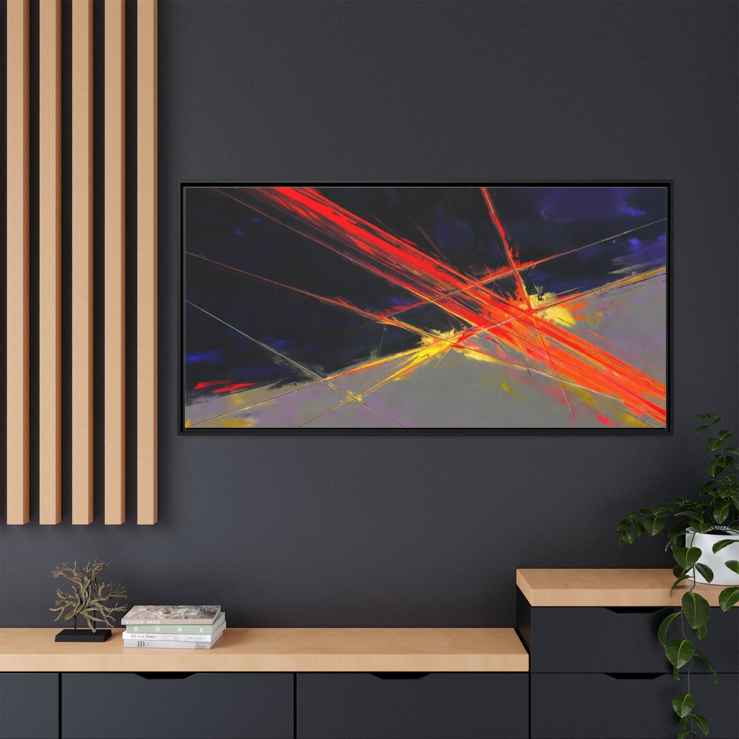 Abstract Red Streaks Framed Matte Canvas Art — Modern Multi‑Color Wall Decor