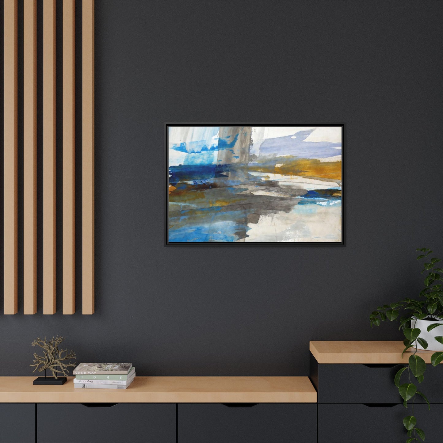 Abstract Blue & Gold Framed Canvas Art — Matte Multi-Color Wall Print