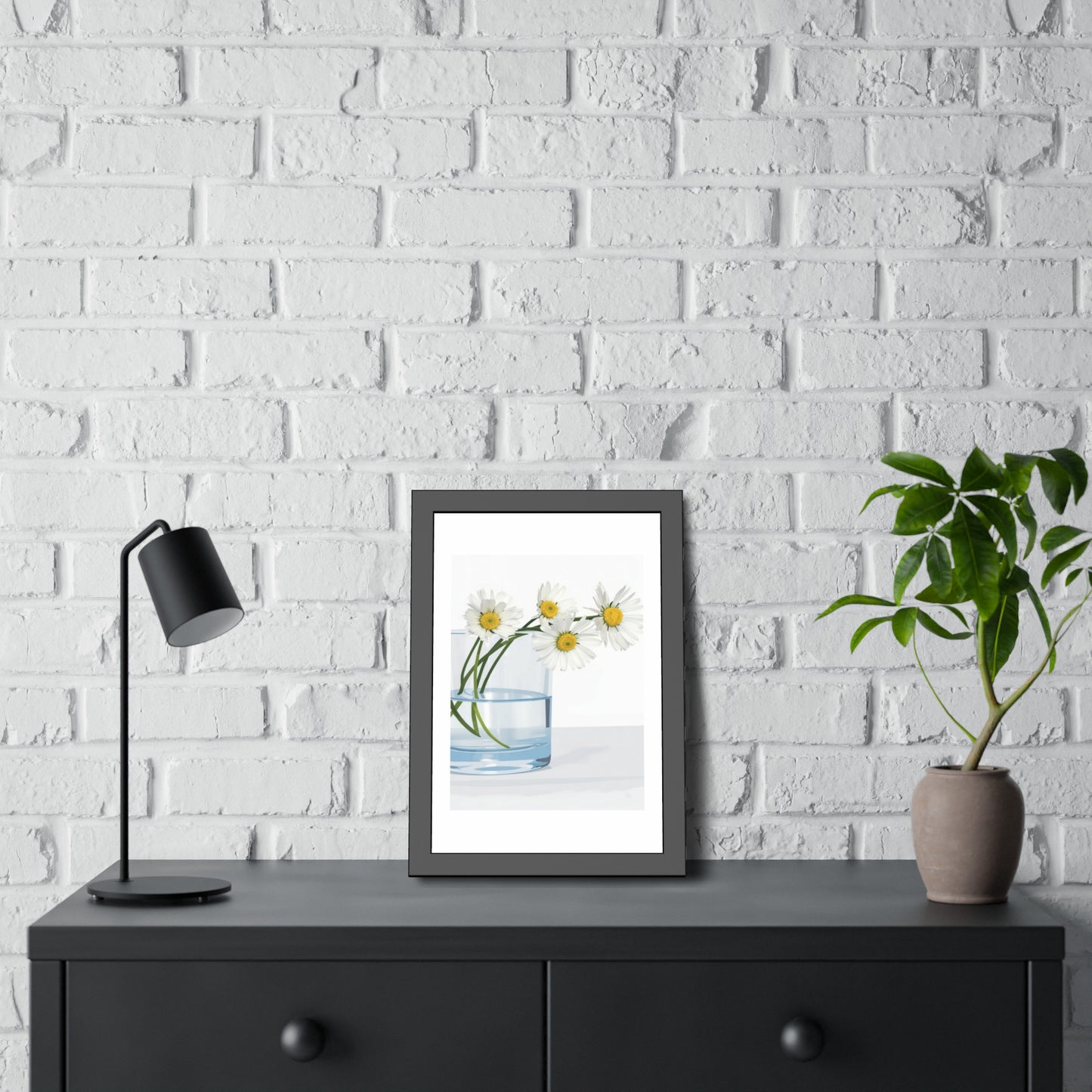 Framed Poster — Daisies in Glass Vase Wall Art, Minimal Botanical Print for Living Room
