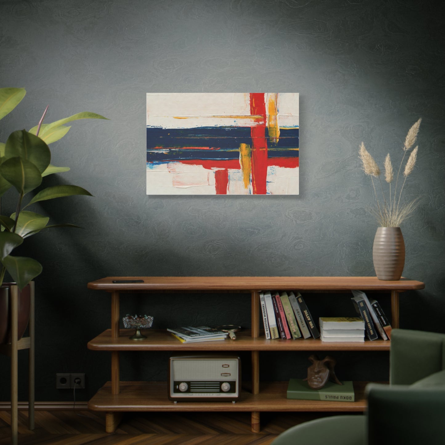 Abstract Modern Canvas Art Print — Red, Navy & Gold Stretched Matte Canvas