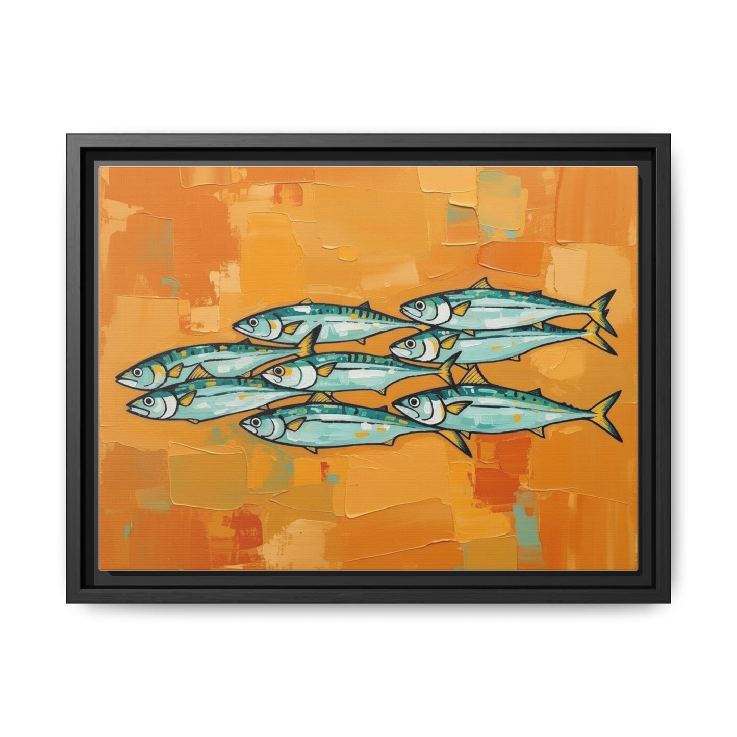 Framed Matte Canvas Print — School of Blue Fish on Orange Abstract Background