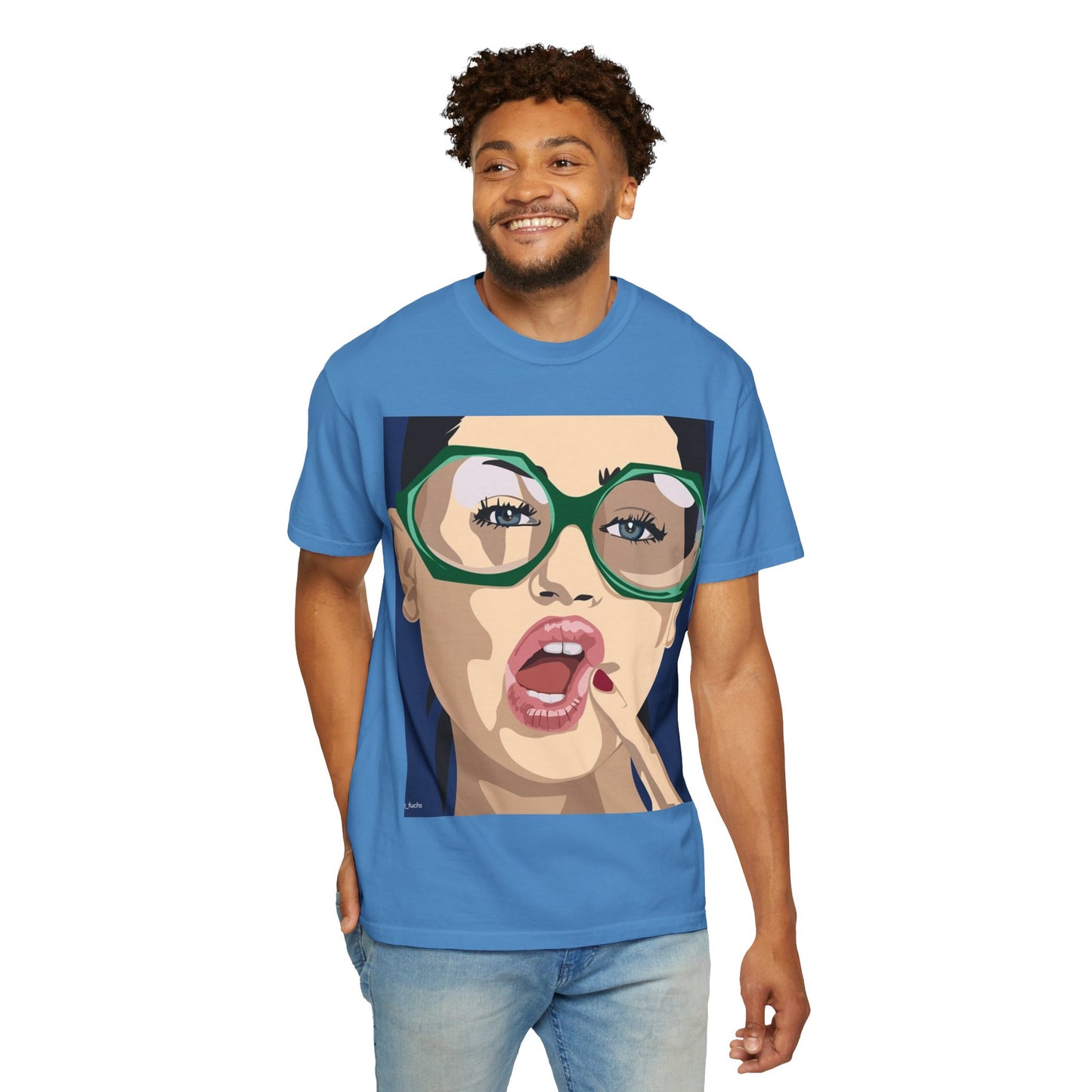 Pop Art Woman Graphic T‑Shirt — Retro Chic Green Glasses Design