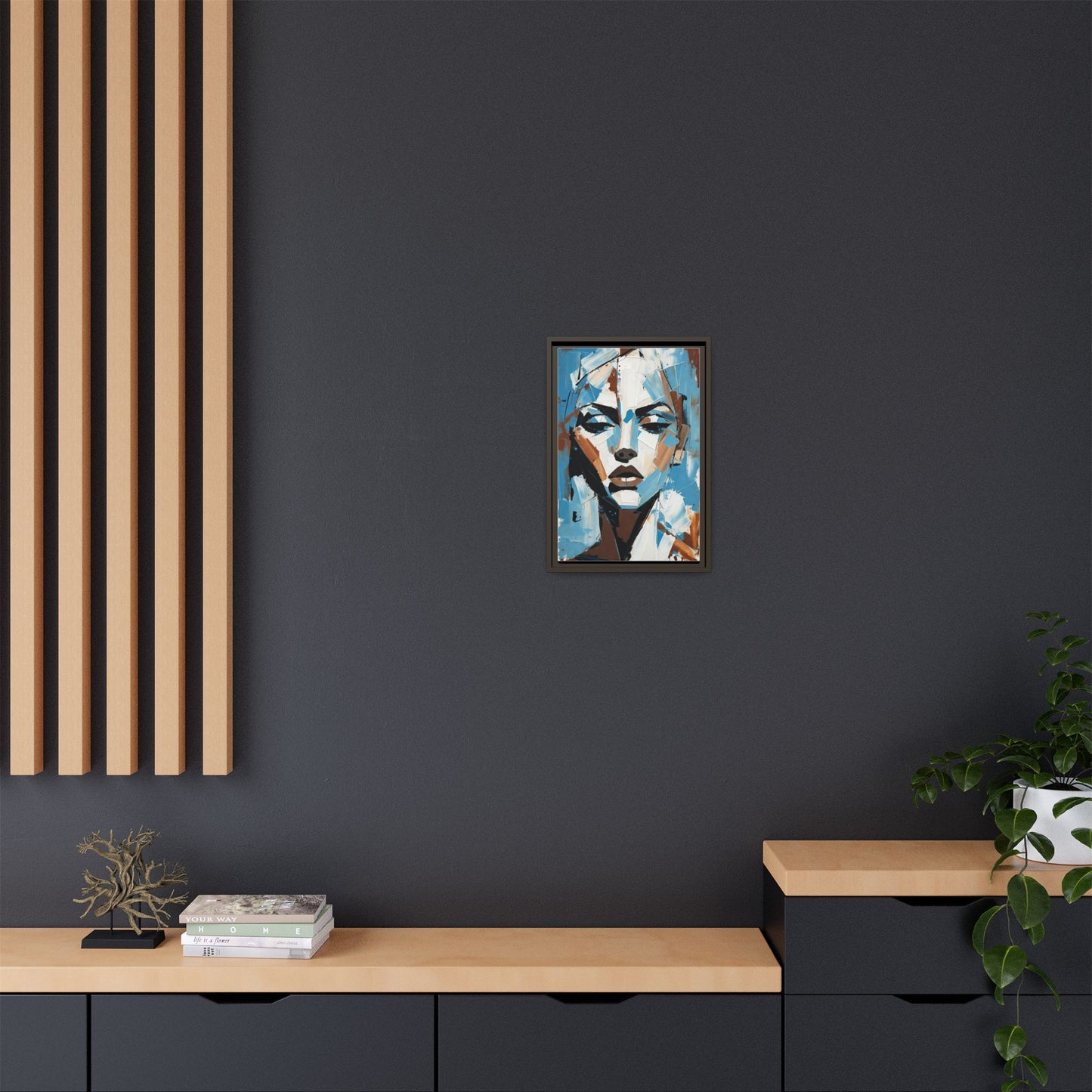 Abstract Blue Face Matte Canvas Wall Art — Framed Modern Portrait Print