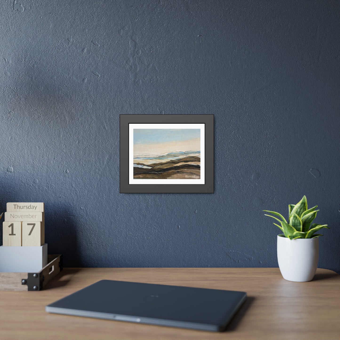 Coastal Abstract Landscape Framed Poster — Serene Blue & Earthtone Wall Art