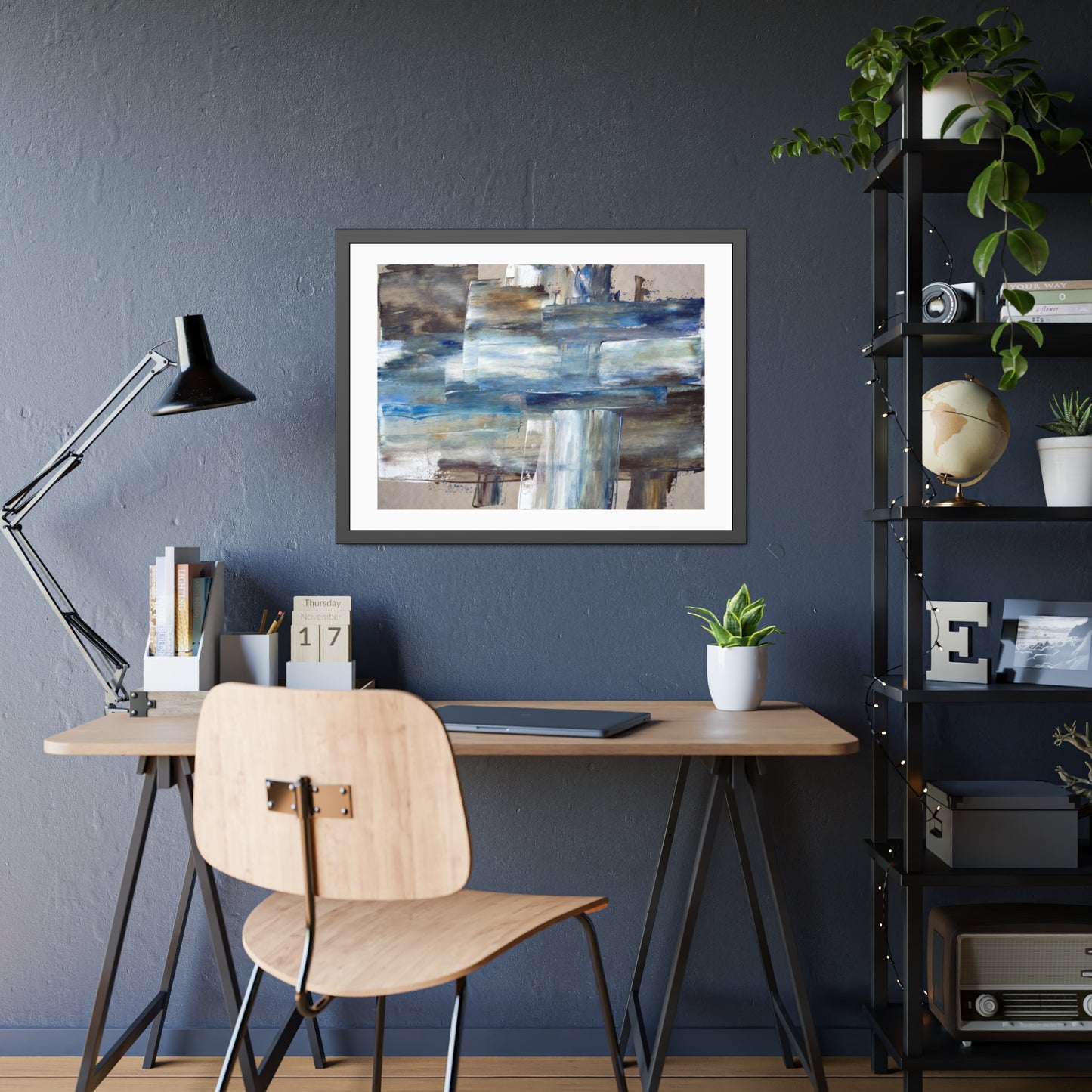 Abstract Blue Horizon Framed Paper Poster — Modern Coastal Wall Art