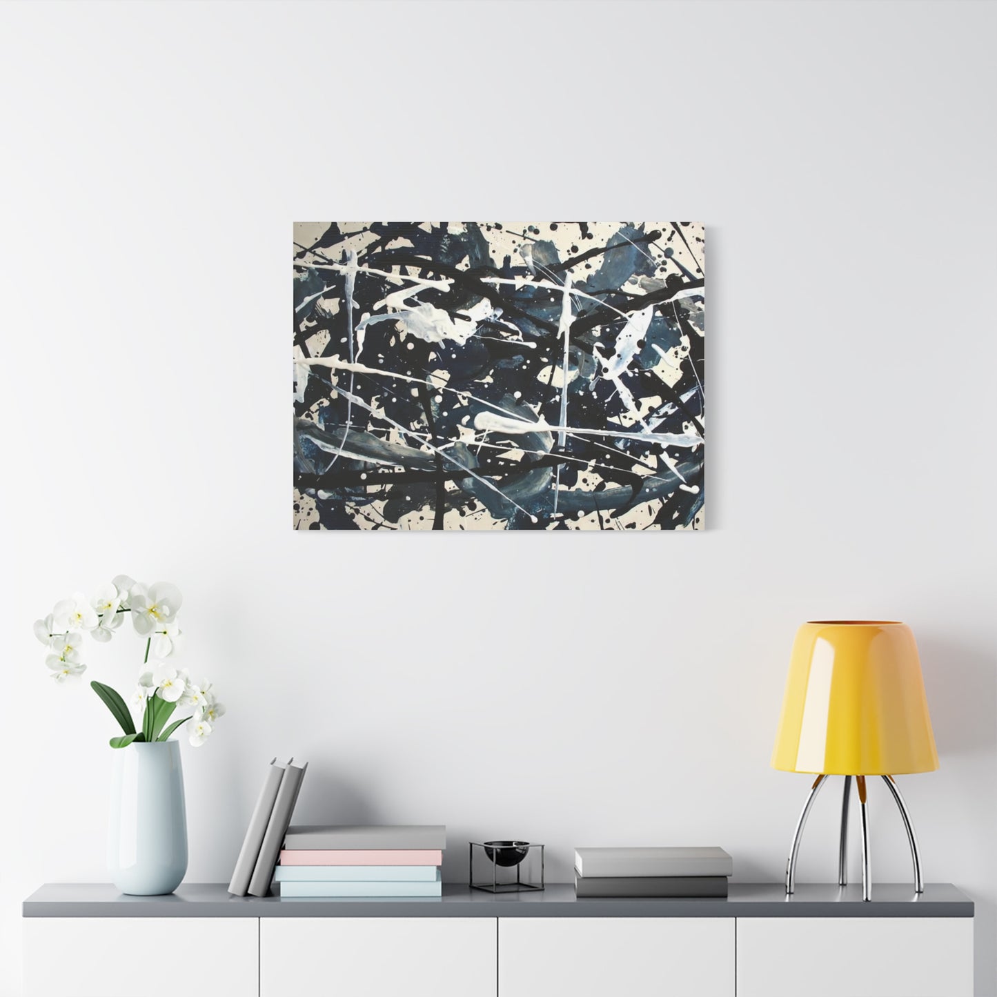 Abstract Drip Painting Canvas Print — Blue & Black Modern Wall Art (Matte Stretched)