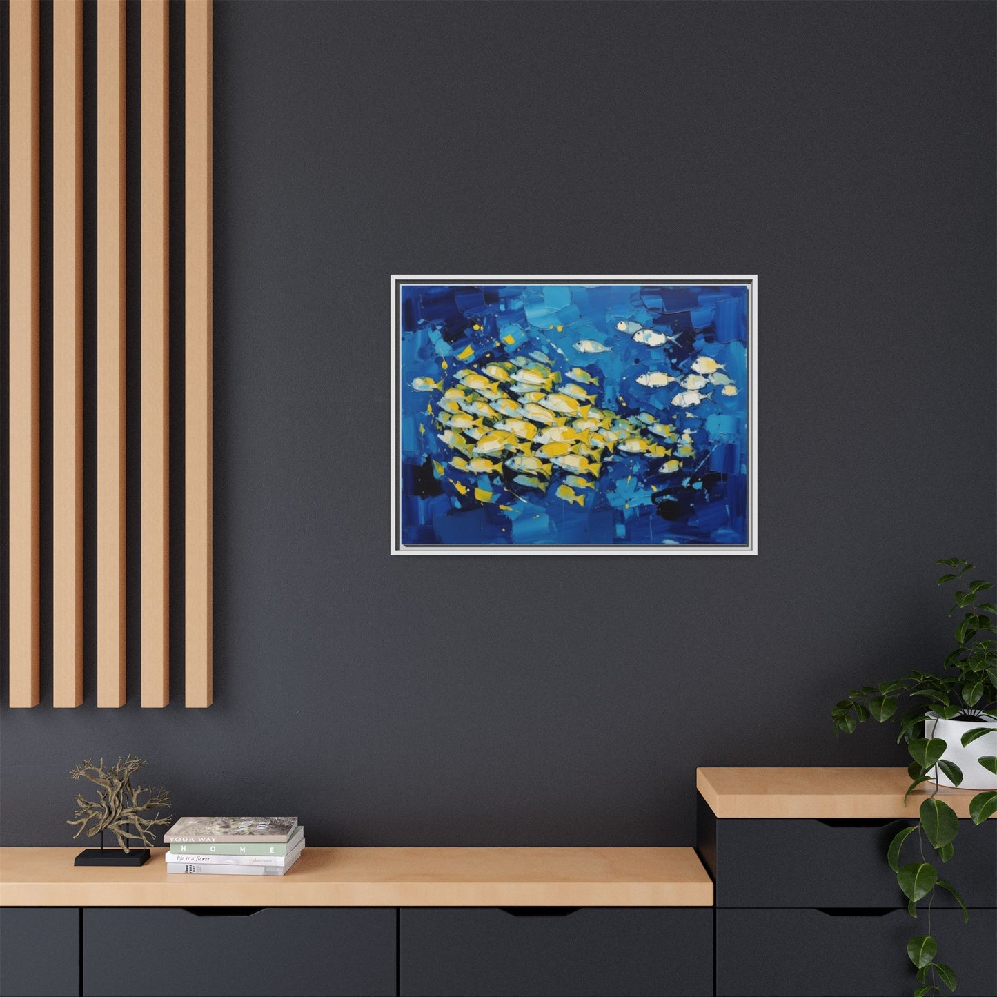 Framed Matte Canvas: Blue School of Fish Wall Art